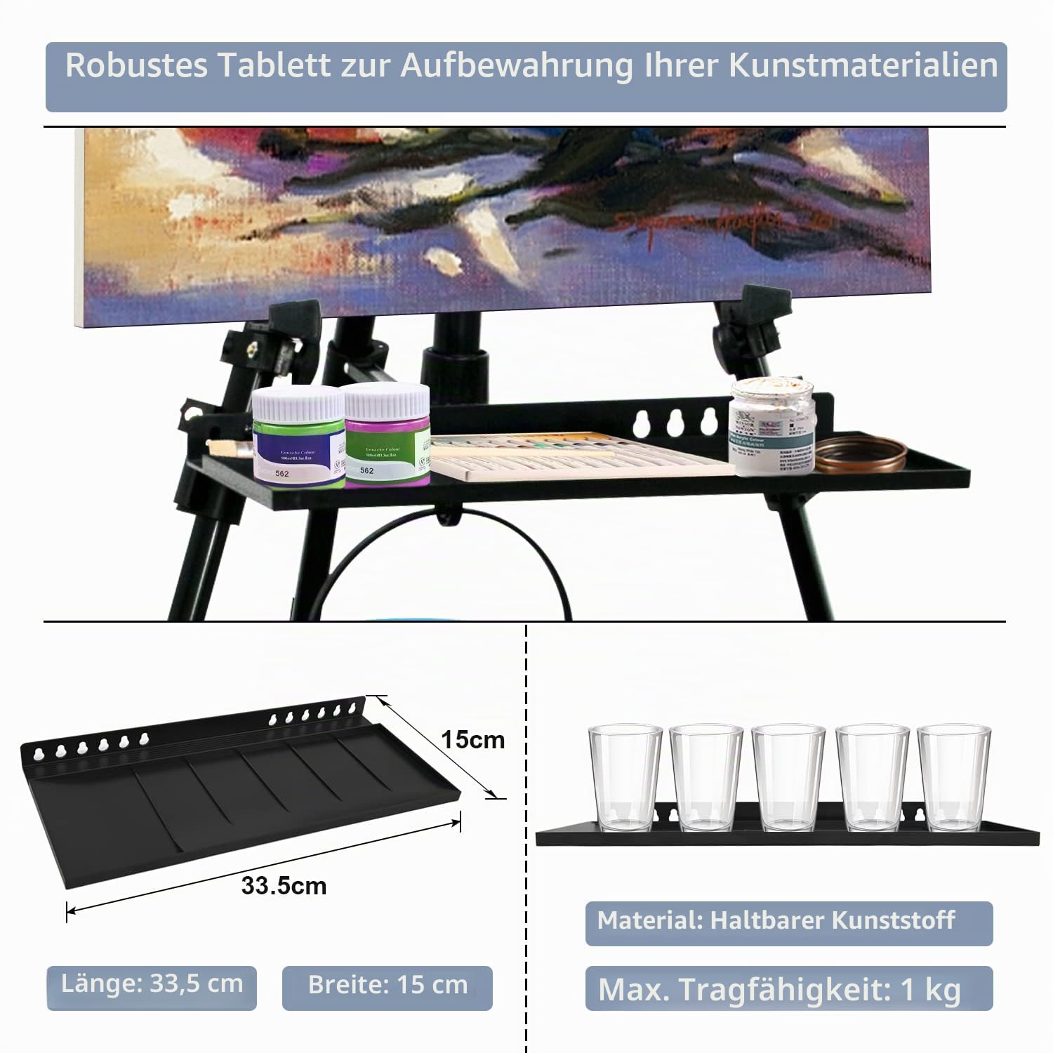 Staffelei für Malerei, Leinwand, Künstler, Staffelei, 50 bis 155 cm, Kunststaffelei zum Malen und Ausstellen, Aluminium, mit tragbarer Tasche/faltbarer Fässer/Schürze, Schwarz