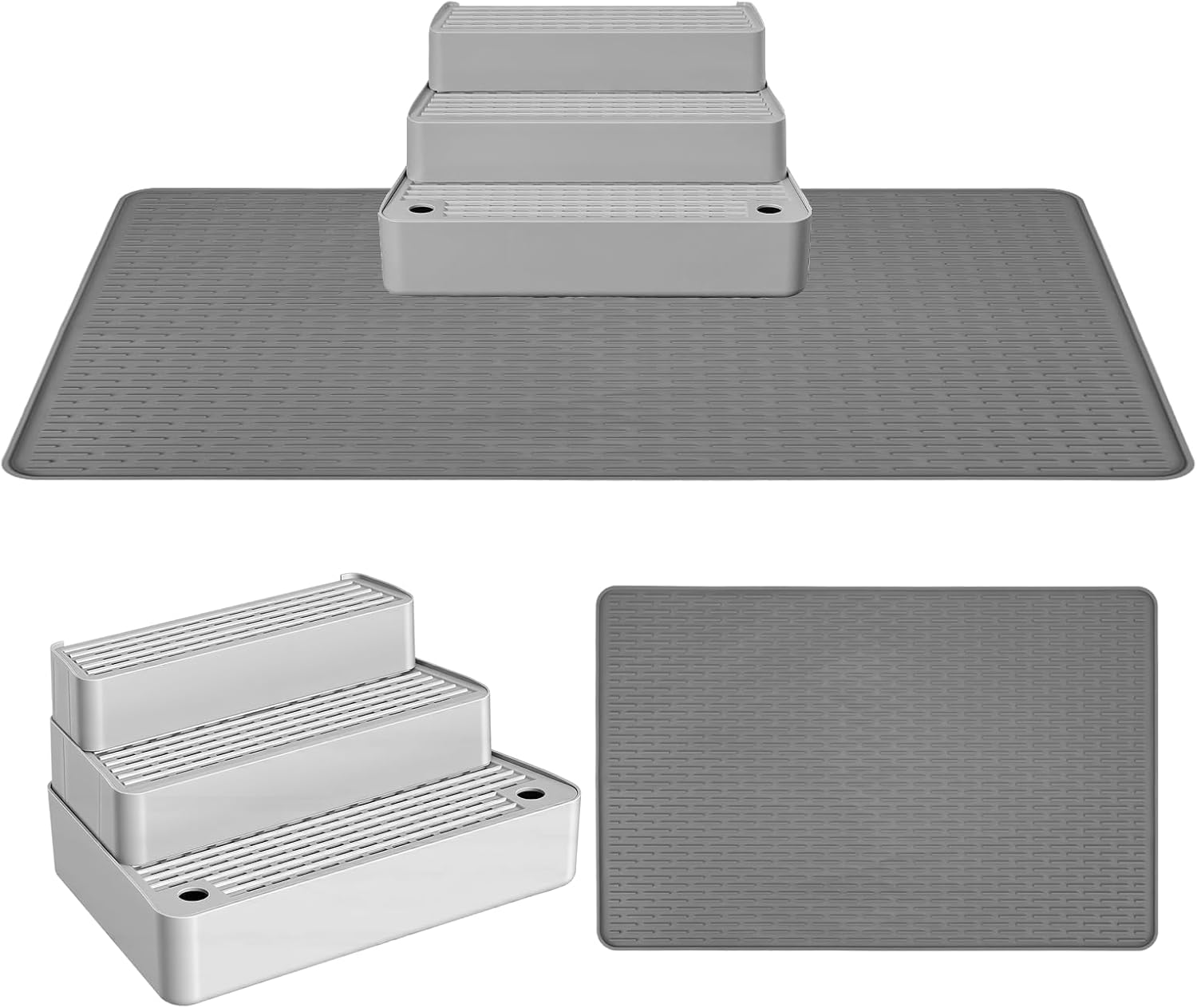 Litter Box Step & 39x27in Cat Litter Mat, Adjustable 3-Step Litter Catcher Tray Stool, XL Waterproof Litter Trapping Mat, Grey