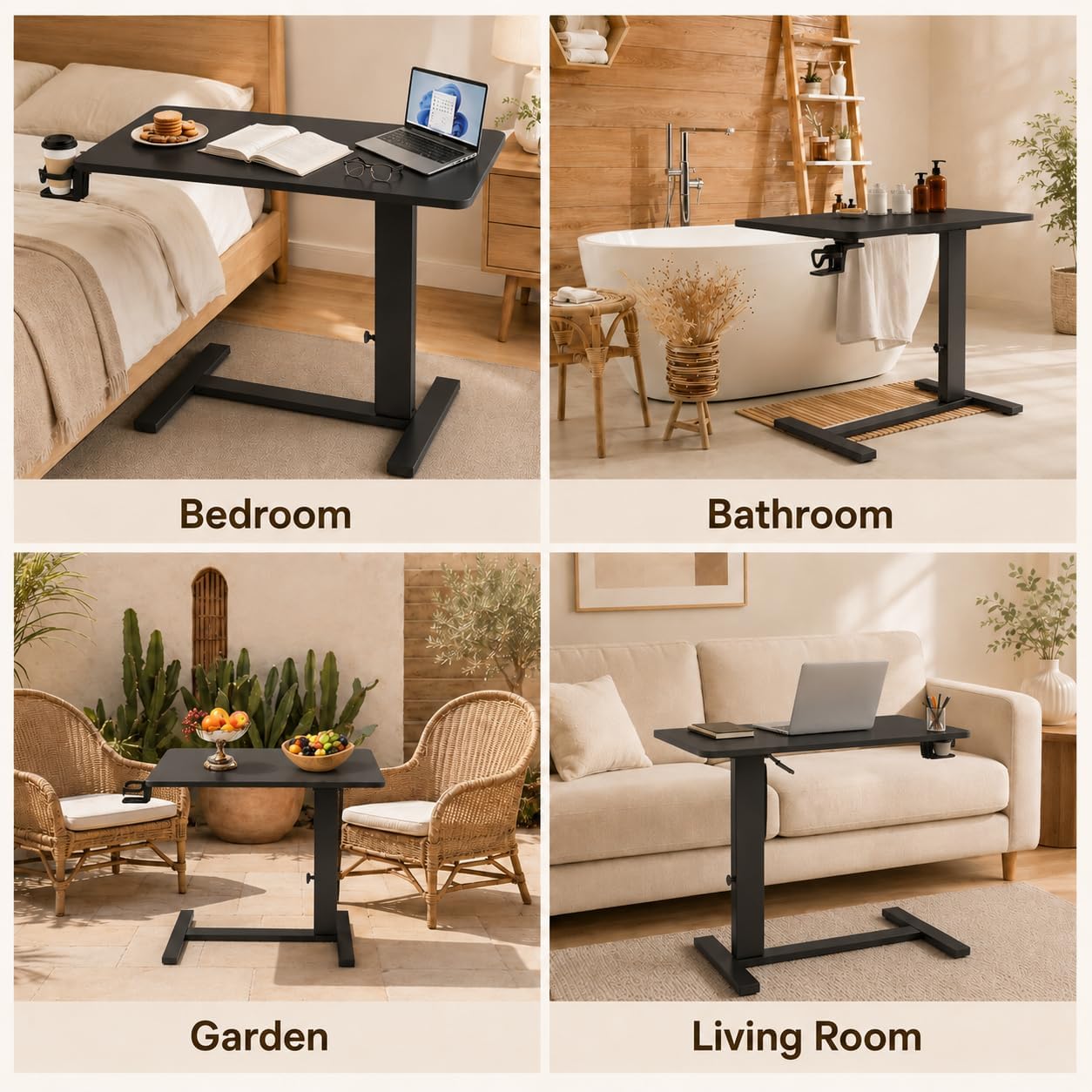 Adjustable Overbed Table with Wheels, Pneumatic Height Adjustable Bedside Desk, Rolling Laptop Desk for Bed, Sofa & Recliner, Mobile Standing Computer Workstation for Home & Hospital - Black