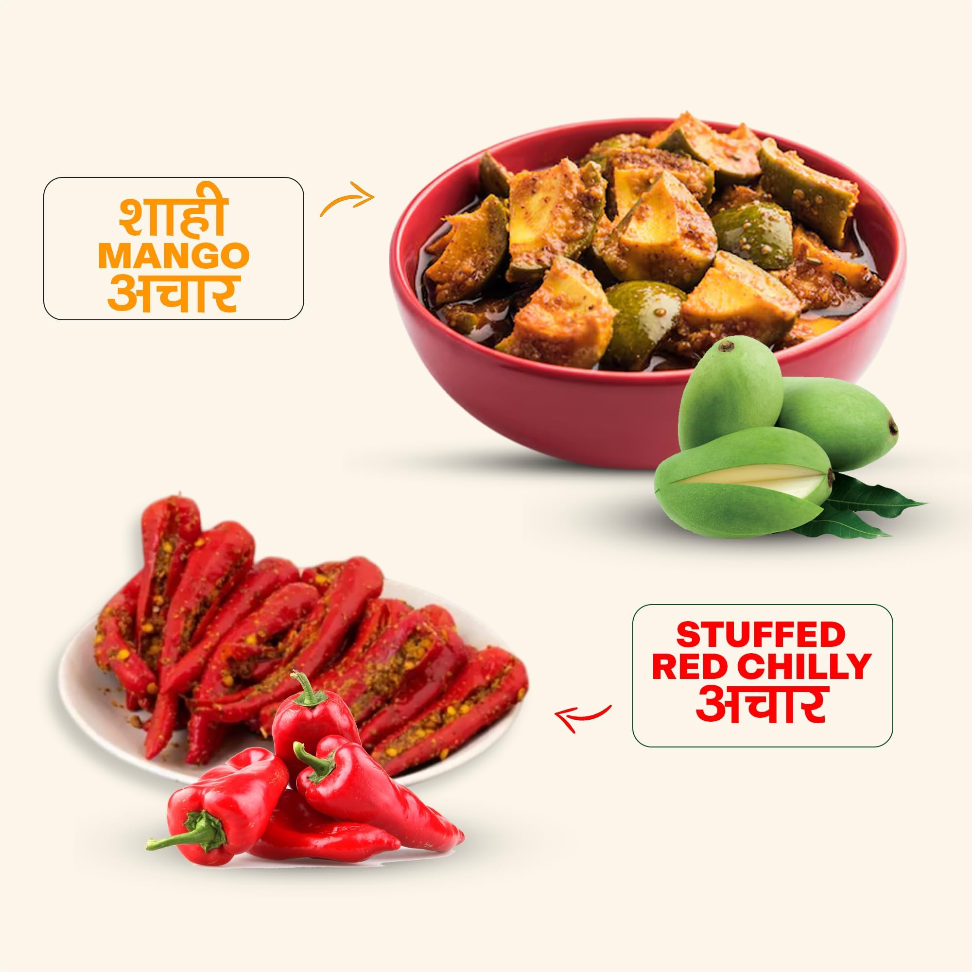 Navrang Homemade Combo of Shahi Mango Pickle, Aam ka Achar and Banarsi Stuffed Red Chili Pickle, lal mirch mirchi ka Bharwa Indian achar Less Oil Ghar sa Swad with Indian Taste, 200g each