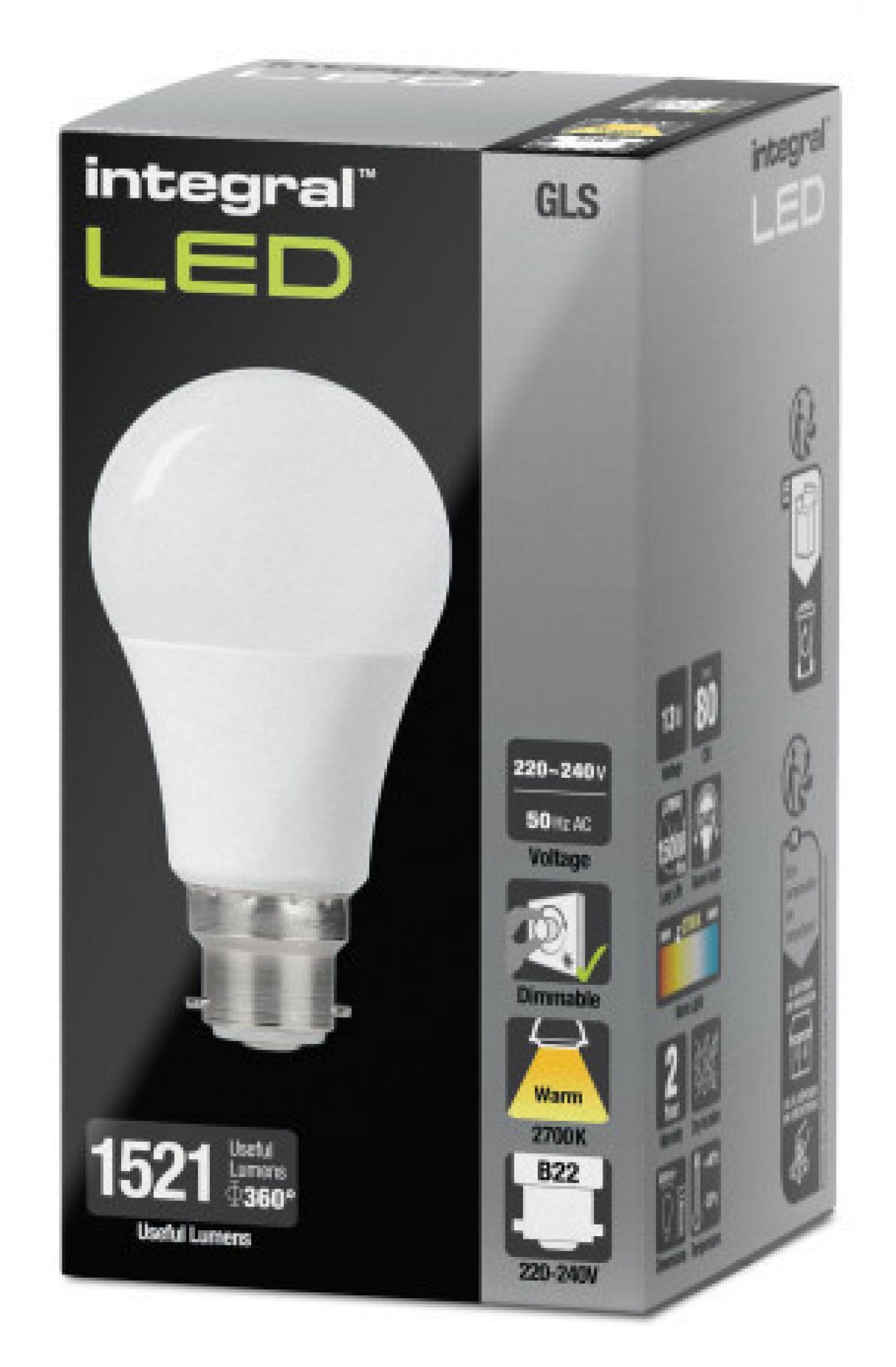 Integral Bombilla LED esférica, de bajo consumo, GLS, esmerilado, intensidad regulable, vidrio, B22, 13.5 wattsW
