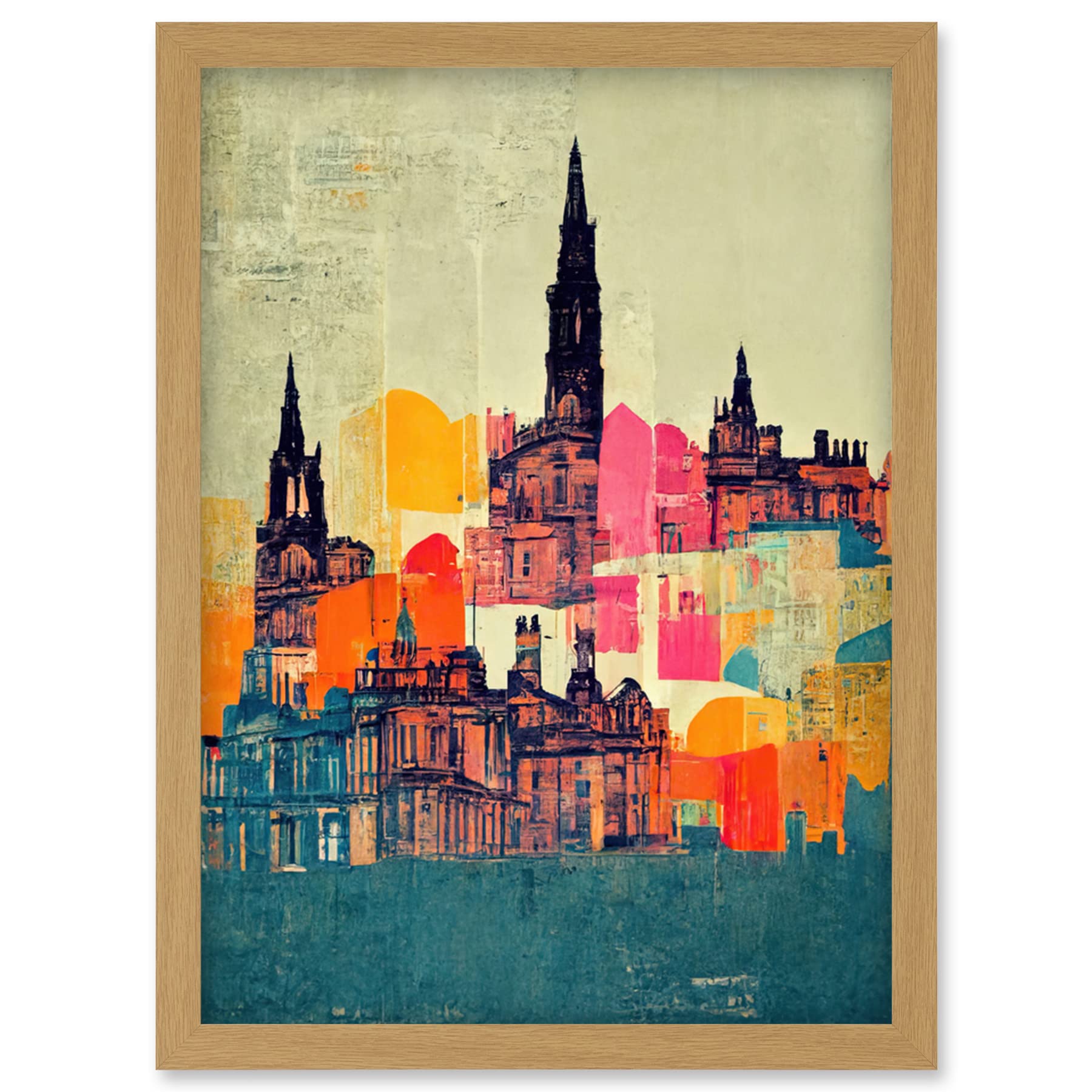 Wee Blue Coo Boho Abstract Multi Coloured Cityscape Skyline Painting Folk Art Artwork Framed Wall Art Print A4