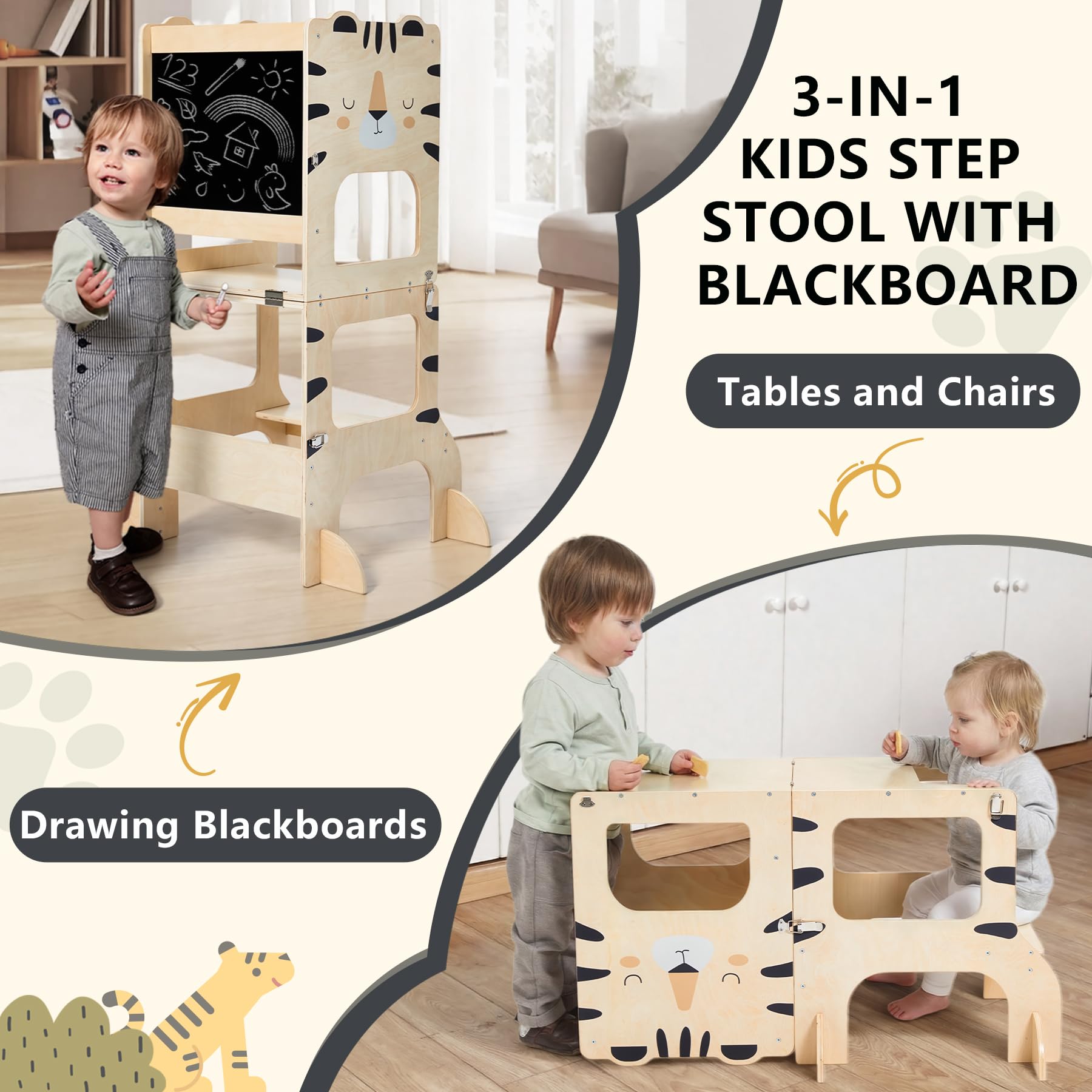Torre da cucina per bambini, torre di apprendimento in piedi, 2 in 1, sgabello da cucina in legno nero con lavagna Montessori e Waldorf Helper per bambini in cucina