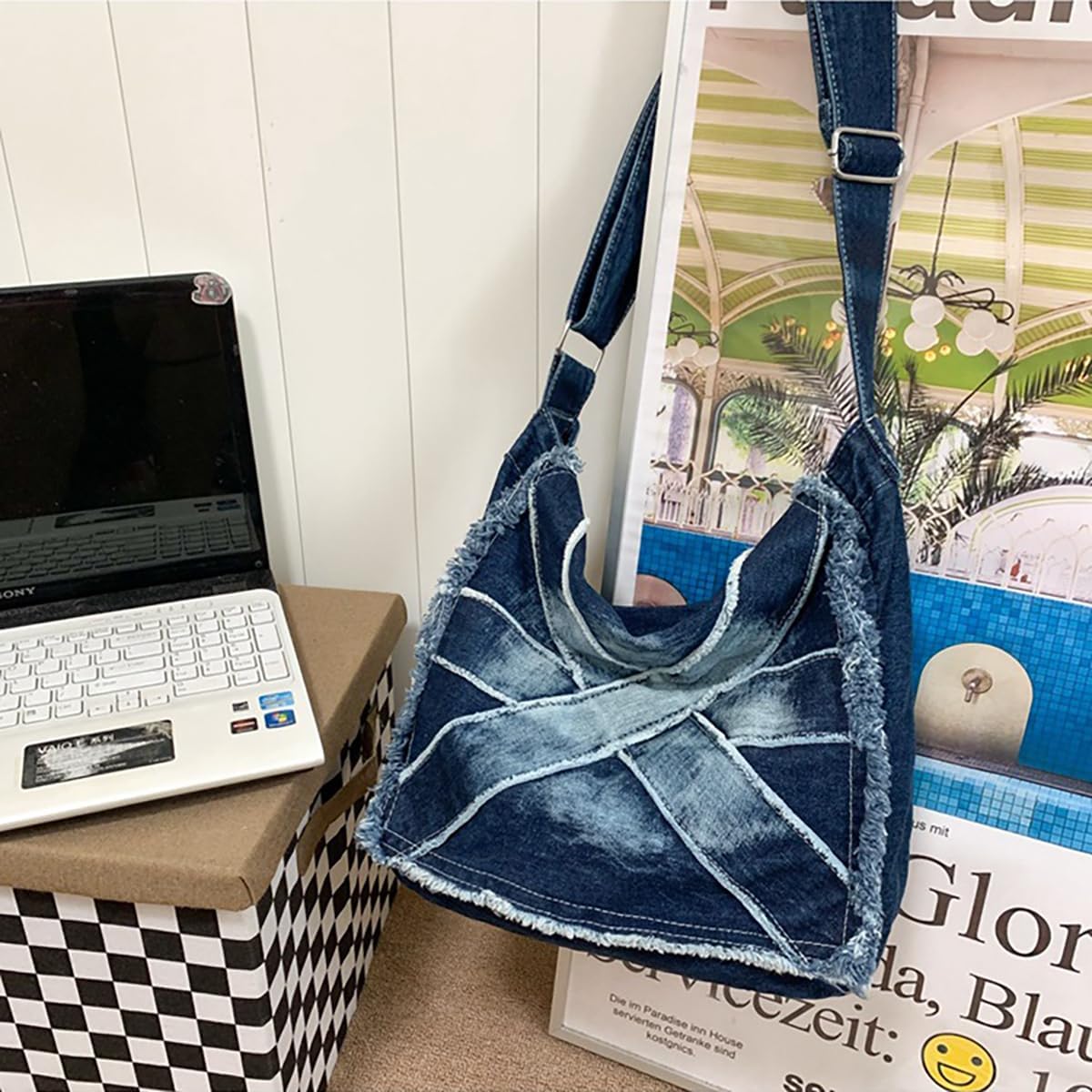 Fashion denim handbag shoulder bag large capacity retro Messenger bag bag for men and women (Denim Dark Blue)