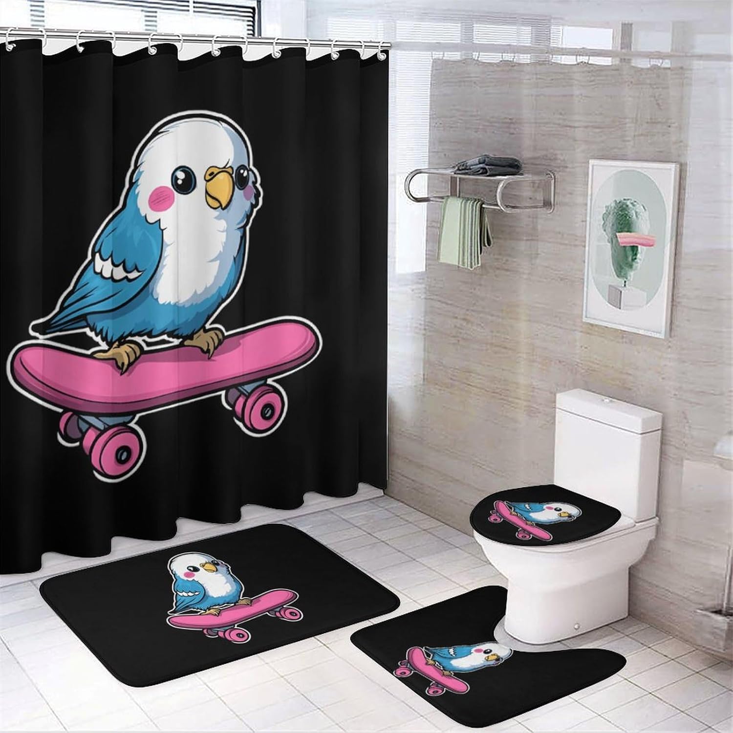 Parakeet Bird Skater Skateboard Bathroom Sets with Shower Curtain and Rugs 4 Piece with U-Shaped Floor Mat Toilet Lid Cover