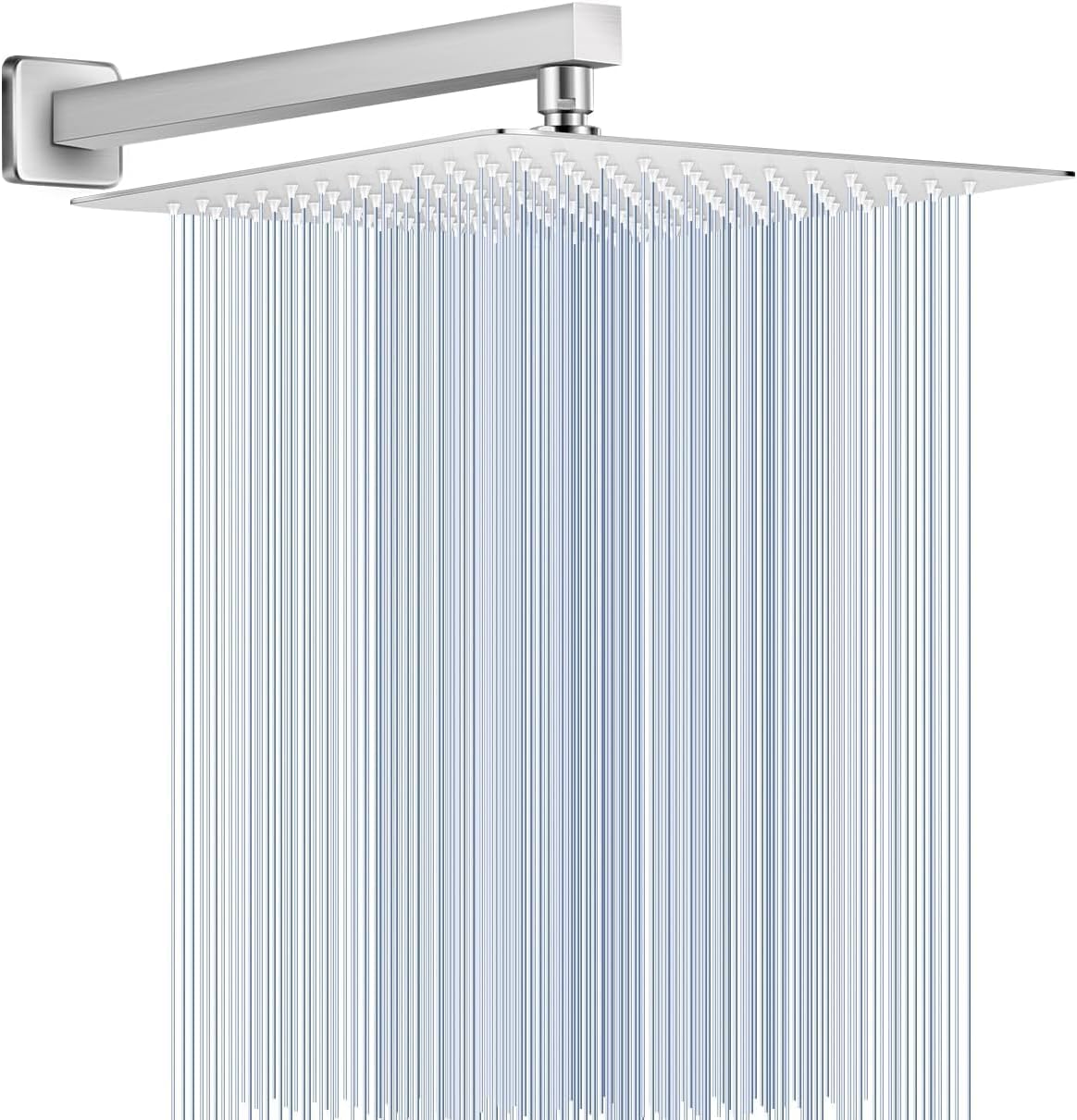 All Metal Rainfall Shower Head with Extension Arm Brushed Nickel, 12" Large Rain Square Showerhead with 16" Shower Arm All Stainless Steel, 144 Silicone Nozzles Waterfall Full Body Coverage Shower Head with 16" Arm Brushed Nickel