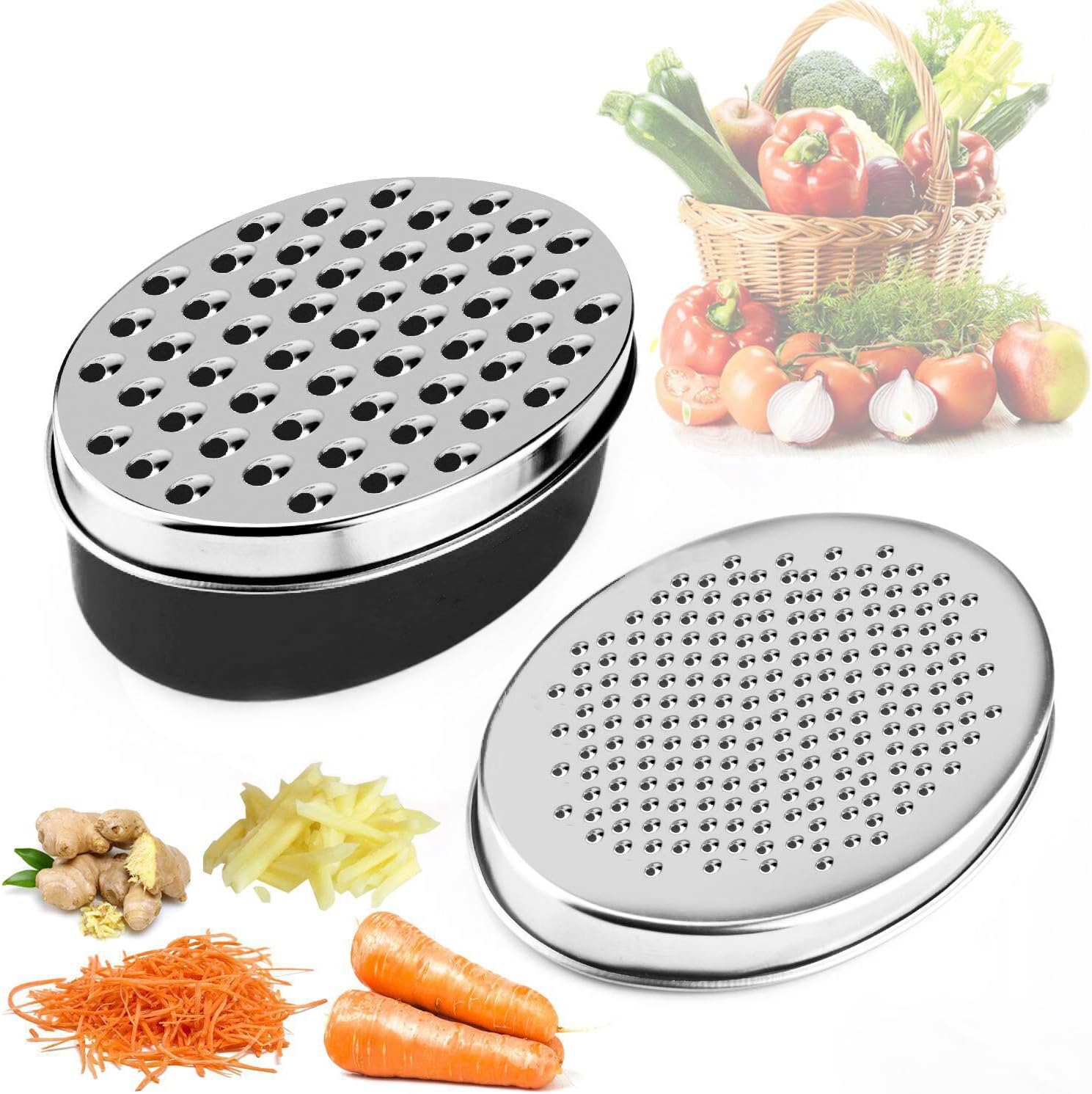 Stainless Steel Cheese Grater with Airtight Storage Container - Box Grater for Kitchen, Shredder for Parmesan, Cheddar, Vegetables, Chocolate, Nutmeg - Includes Lemon for Citrus, Ginger, Butter