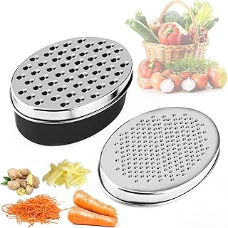Stainless Steel Cheese Grater with Airtight Storage Container - Box Grater for Kitchen, Shredder for Parmesan, Cheddar, Vegetables, Chocolate, Nutmeg - Includes Lemon for Citrus, Ginger, Butter