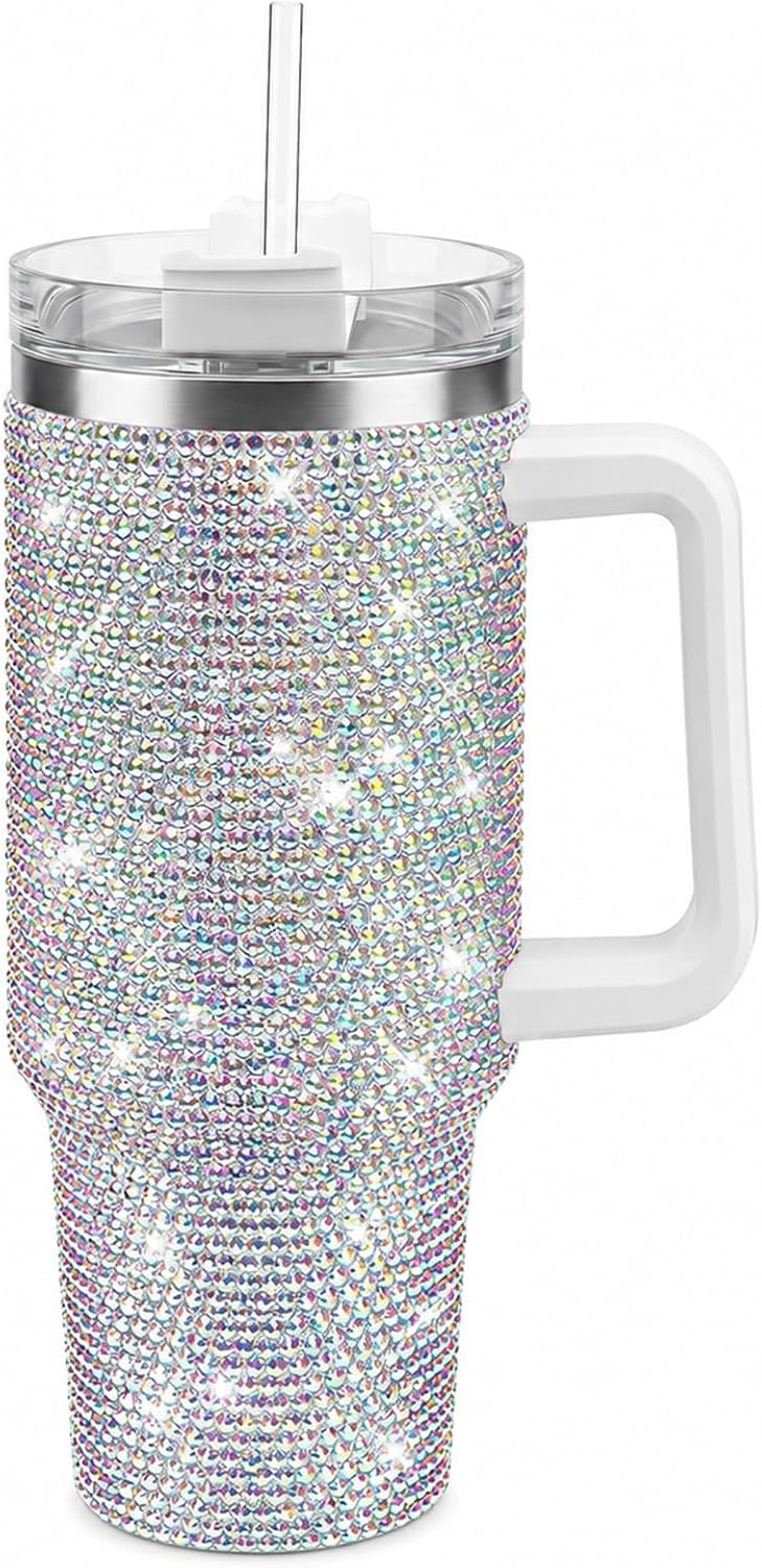 Pandance 40 oz Bling Rhinestone Tumbler with Handle and Straw, Shiny