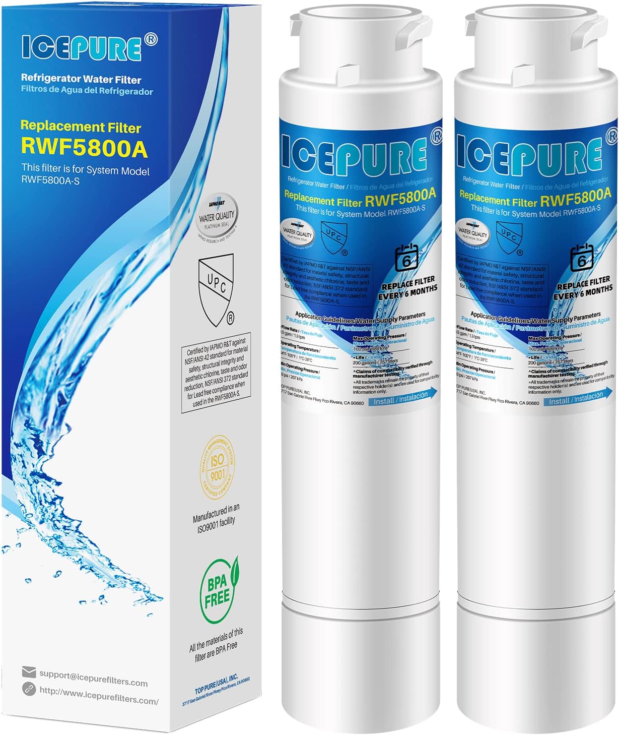 icepure rwf5800a refrigerator water filter replacement for frigidaire ewf02, pure source ultra ii, puresource ultra 2, scwftcto, gp006, eptwfuo1, mr022, jo22, bo022, th-01, de022, 1007 2pack 2 count (pack of 1)