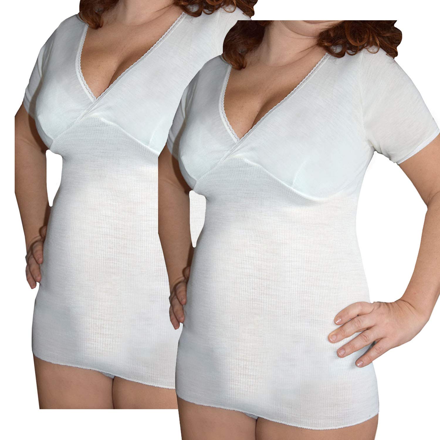 Canottiera Donna in Lana Vegine Mezza Manica Maglietta Salute Incrocio Seno Intimo Camiciola Due Pezzi Made in Italy