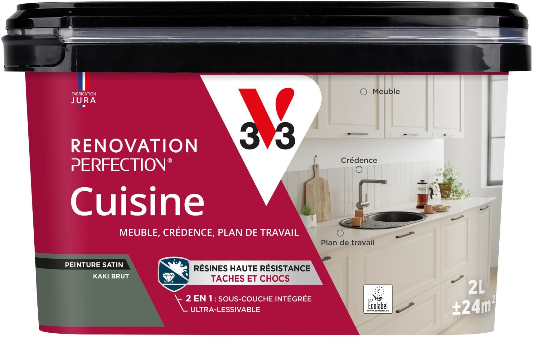 V33 Peinture Cuisine - Rénovation Perfection® - Haute Résistance taches et Chocs - Ultra-Lessivable - Meuble - Crédence - Plan de travail - Kaki Brut satin - 2L