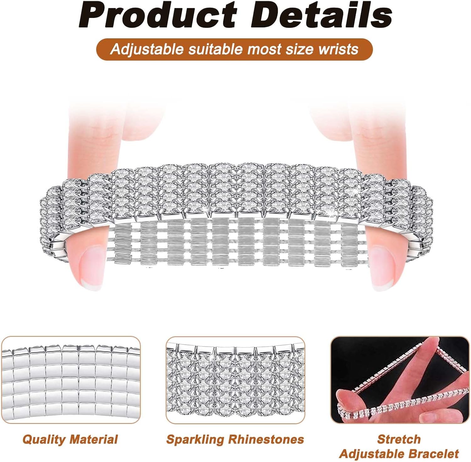 Kucheed Rhinestone Stretch Bracelets, Twinkle Diamond Tennis Bangle, Silver Crystal Sparkling Bridal Stackable Bracelet Jewelry, Bling Shining Wedding Party Elastic Band Bracelet for Women - Image 4