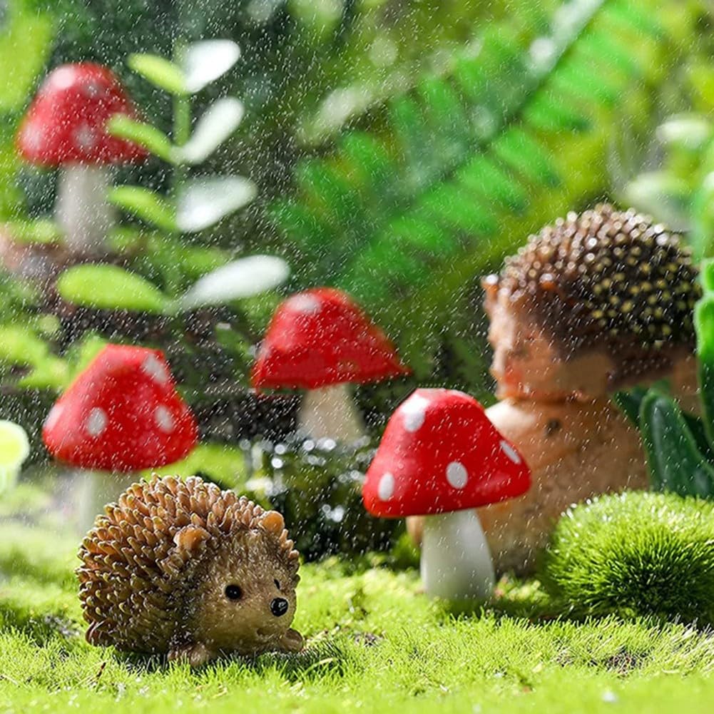 Adornos de jardín de setas, erizo, figura de mamá bebé, estatuas de animales para decoración al aire libre, 2 erizos + 4 hongos