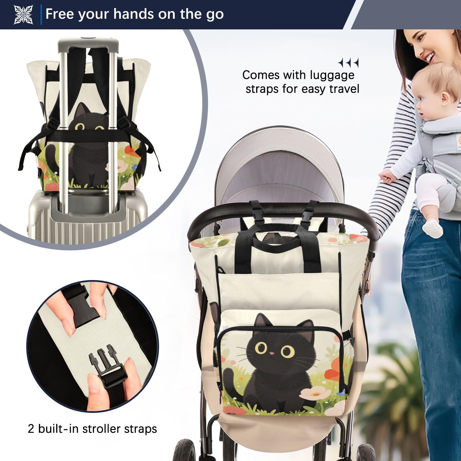 Baby Essentials torba na pieluchy czarny kot kwiaty