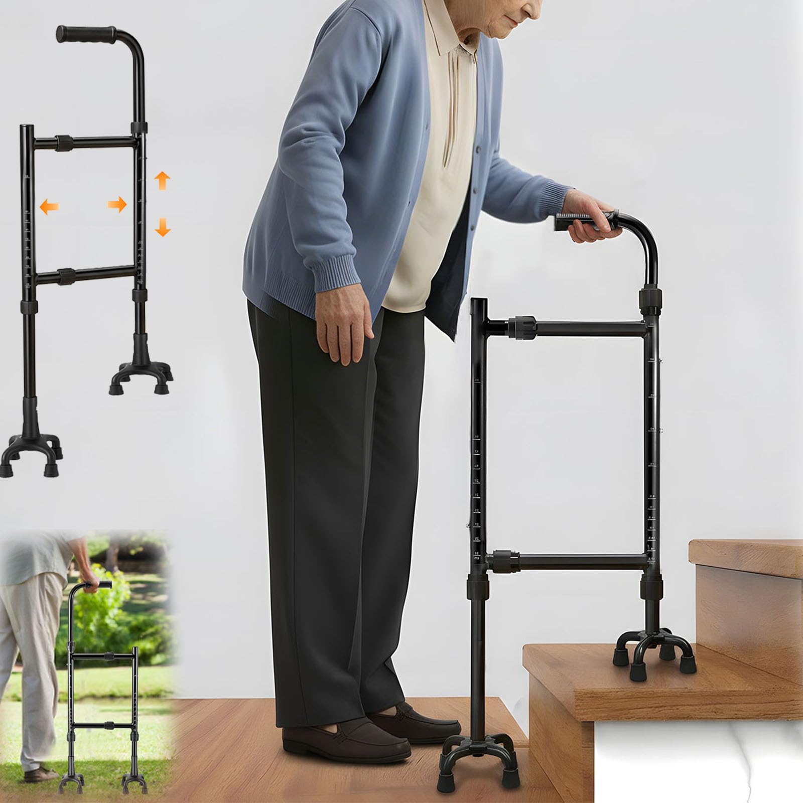 Gehstock, Treppensteighilfe Krücken Gehhilfe Stock Gehhilfe für Senioren Höhe (85-115CM) und Breite(22-36CM) Einstellbar Vierbeinige Basis Vielseitiges Gehstock Treppensteighilfe 2-in-1 Design