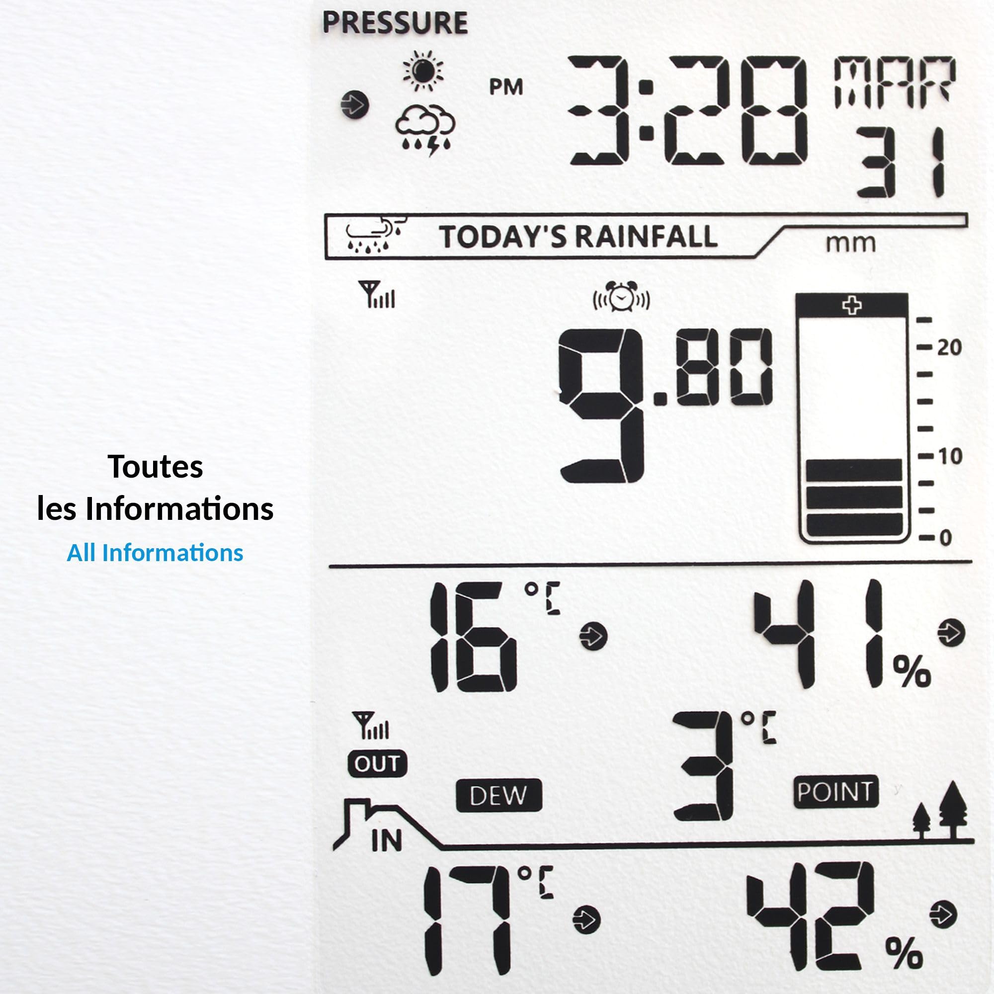 FISHTEC - Station Météo Intelligente Capteur Extérieur Écran LCD Ajustable Pluviomètre à Poser Affiche la Date, l'Heure, Température, l'Humidité, Prévoit Jauge Indication