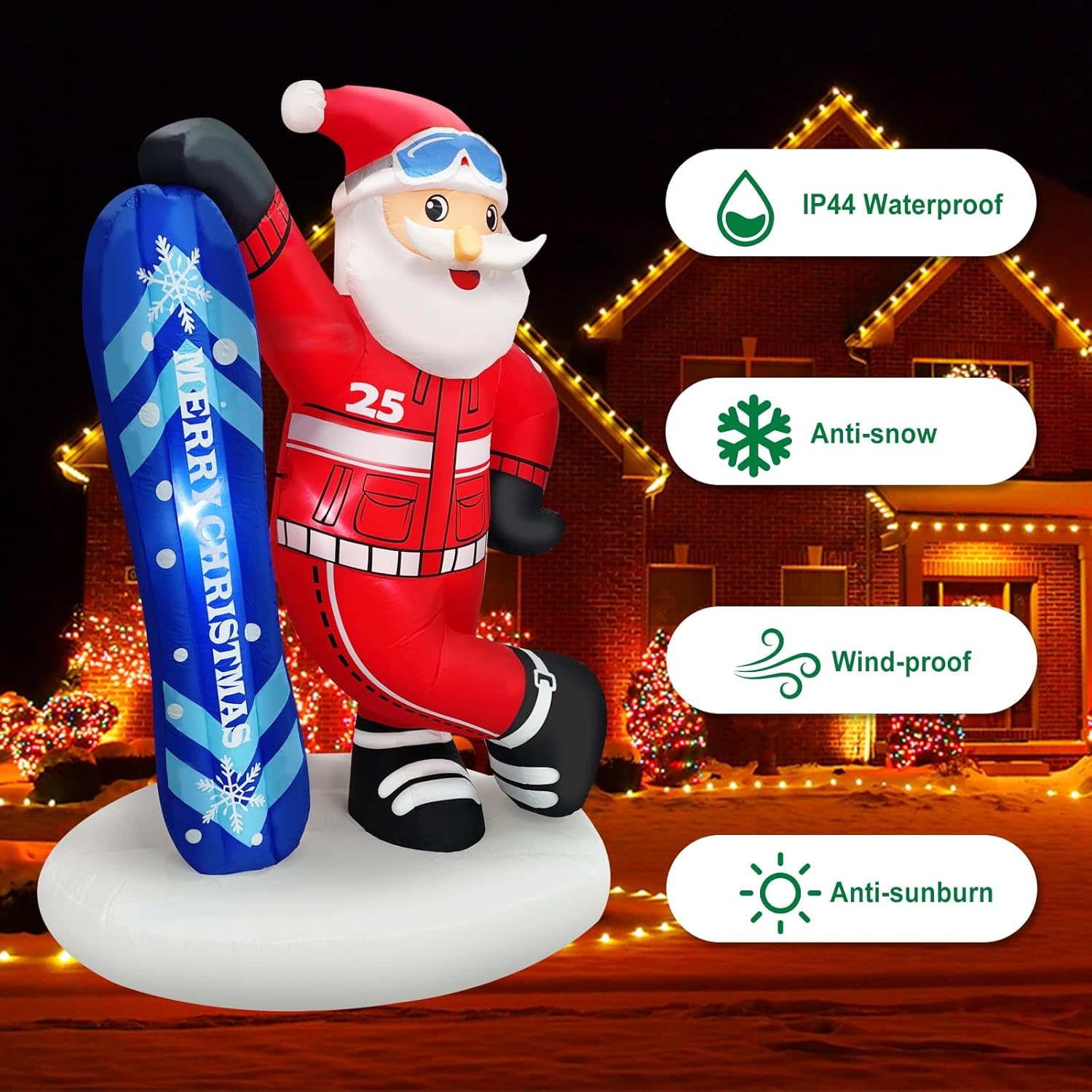 7FT Christmas Inflatable Outdoor Decoration Blow Up Santa Claus Takes Snowboard with Merry Christmas Inflate Xmas Decor Lawn Winter Sports Fans LEDs for Holiday Party Garden Yard Patio Décor - Image 4