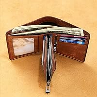 Vista 4 de Cartera de cuero genuino para hombre, con bloqueo RFID, plegable, con cremallera, bolsillo para monedas, multitarjetero, color marrón, Marrón, Retro