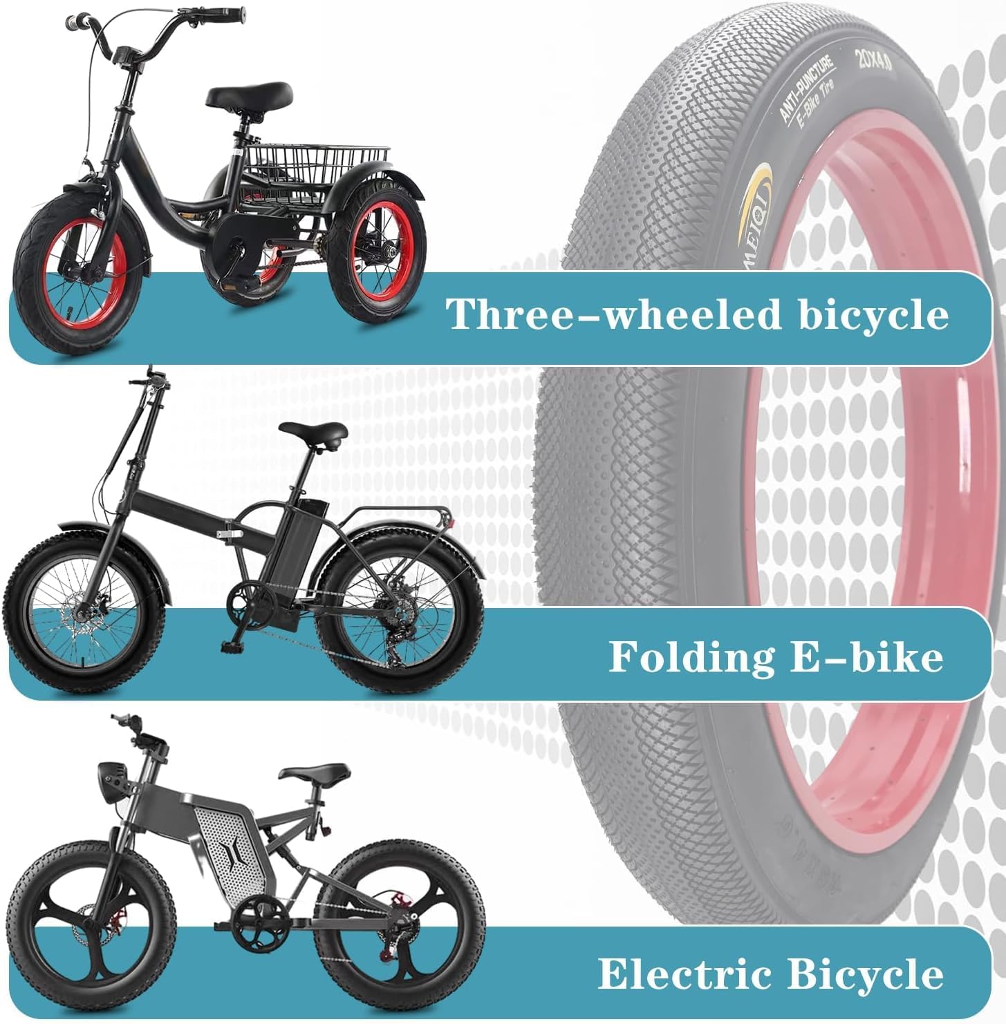 SIMEIQI 20"/26"X4.0" Inch E-Bike Fat Bike Tire and Tube Beach Cruiser Electric Bicycle Tricycle Tyres Foldable Replacement Tire for City Commuter Ebike Street Road Pavement Park Urban