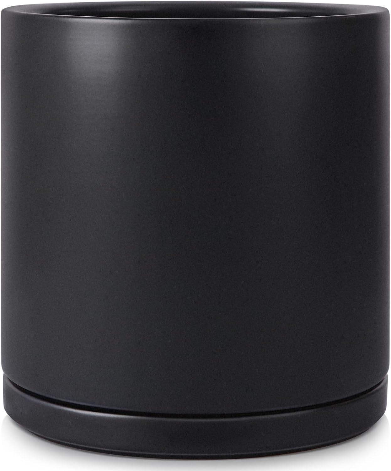 Kazeila 10 Inch Ceramic Planter Pot with Drainage Hole & Tray, Large Indoor Plant Pots, Modern Cylinder Flower Pot, Includes Mesh Net, Plug, Pads & 500g Clay Pebbles (Black, 10 Inch)