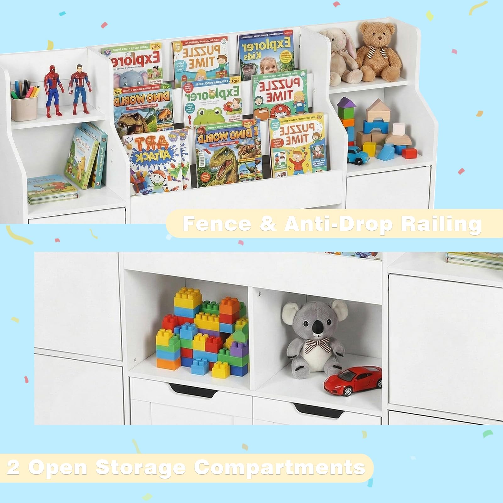 Mobile Porta Giochi, Libreria Montessoriana per Bambini a 6 Scomparti Aperti e 4 Ante, Mobile Giochi a 2 Cassetti su Ruote, per Cameretta e Stanza dei Giochi, 122x30x100cm Bianco