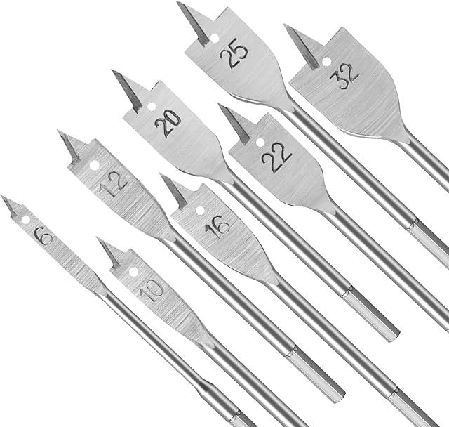 CHALA 8pcs Flat Wood Bit,Spade Drill Set 6-32mm Professional High Carbon Steel Hex Shank Hole Cutter for Woodworking DIY Handcraft Cutting Processing Tool