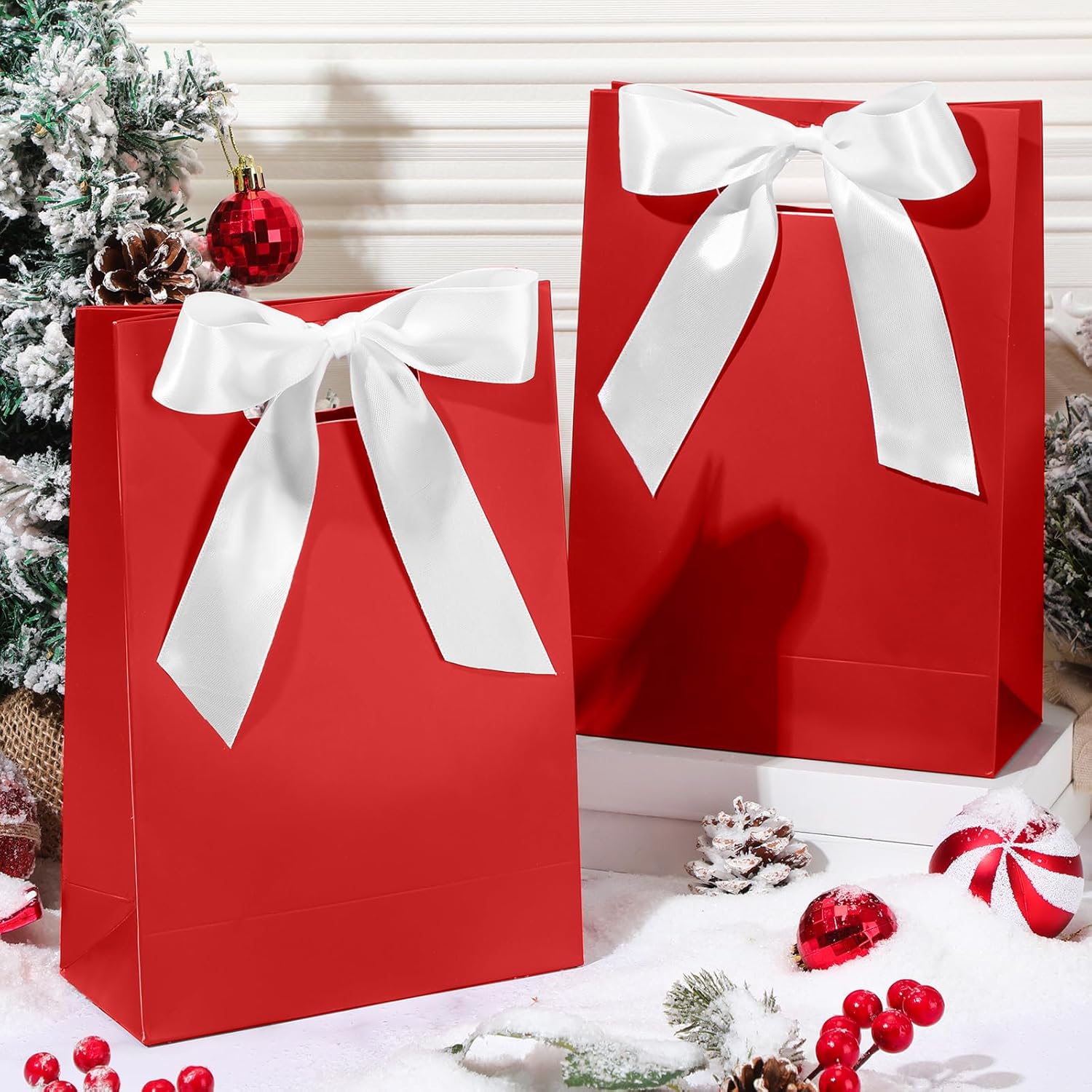 Aliceset 12 Pcs Small Thank You Bridesmaid Gift Bags 10 x 7 x 3.15'' with Die Cut Handles Compact Bags with Bow Ribbon for Wedding Baby Shower Birthday Party Favors(Red, White) - Image 4