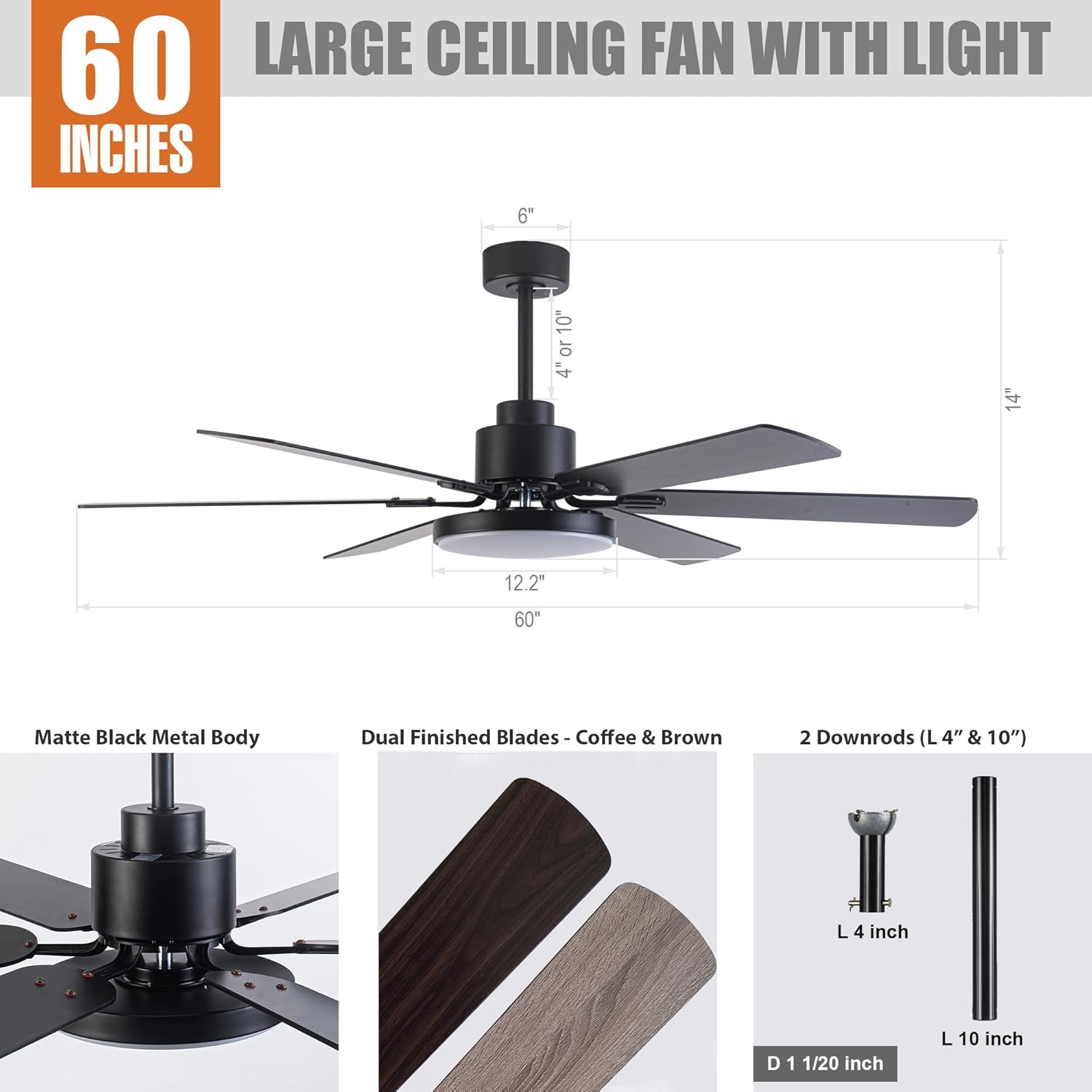Diagram showing the dimensions and included components of the Parrot Uncle 60-inch ceiling fan