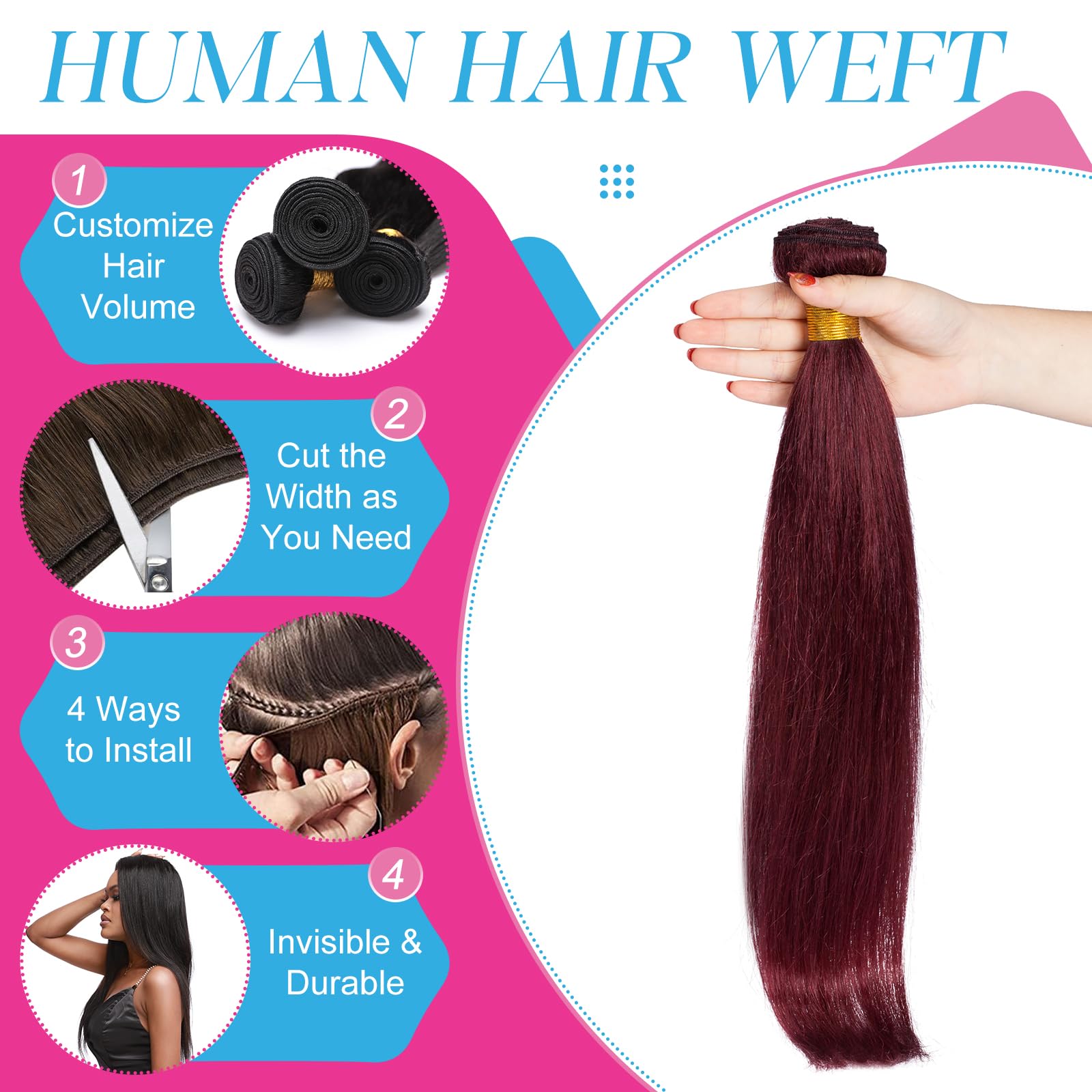 Elailite Hair Bundles Weave Real Human Hair Extensions Straight 1 Bundle 100g - #99J Red Wine - 16 Inch, #99J Wine Red - Image 2