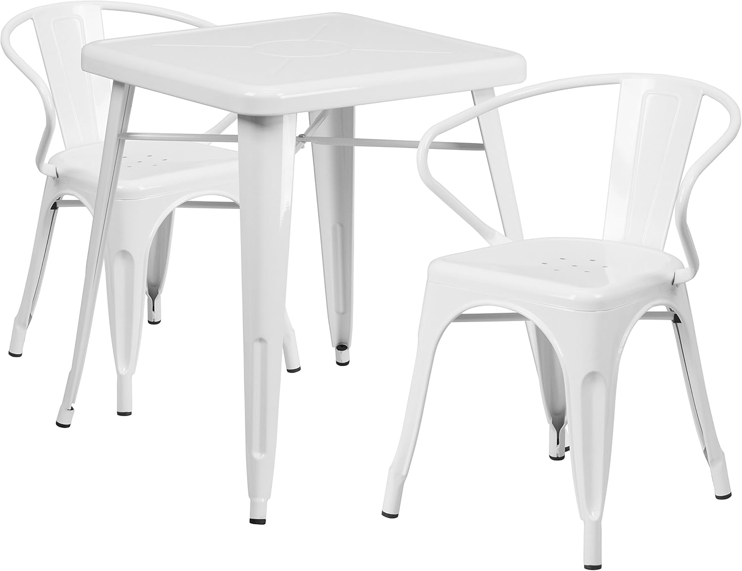 EMMA + OLIVER Commercial Grade 23.75" Square White Metal Indoor-Outdoor Table Set-2 Arm Chairs