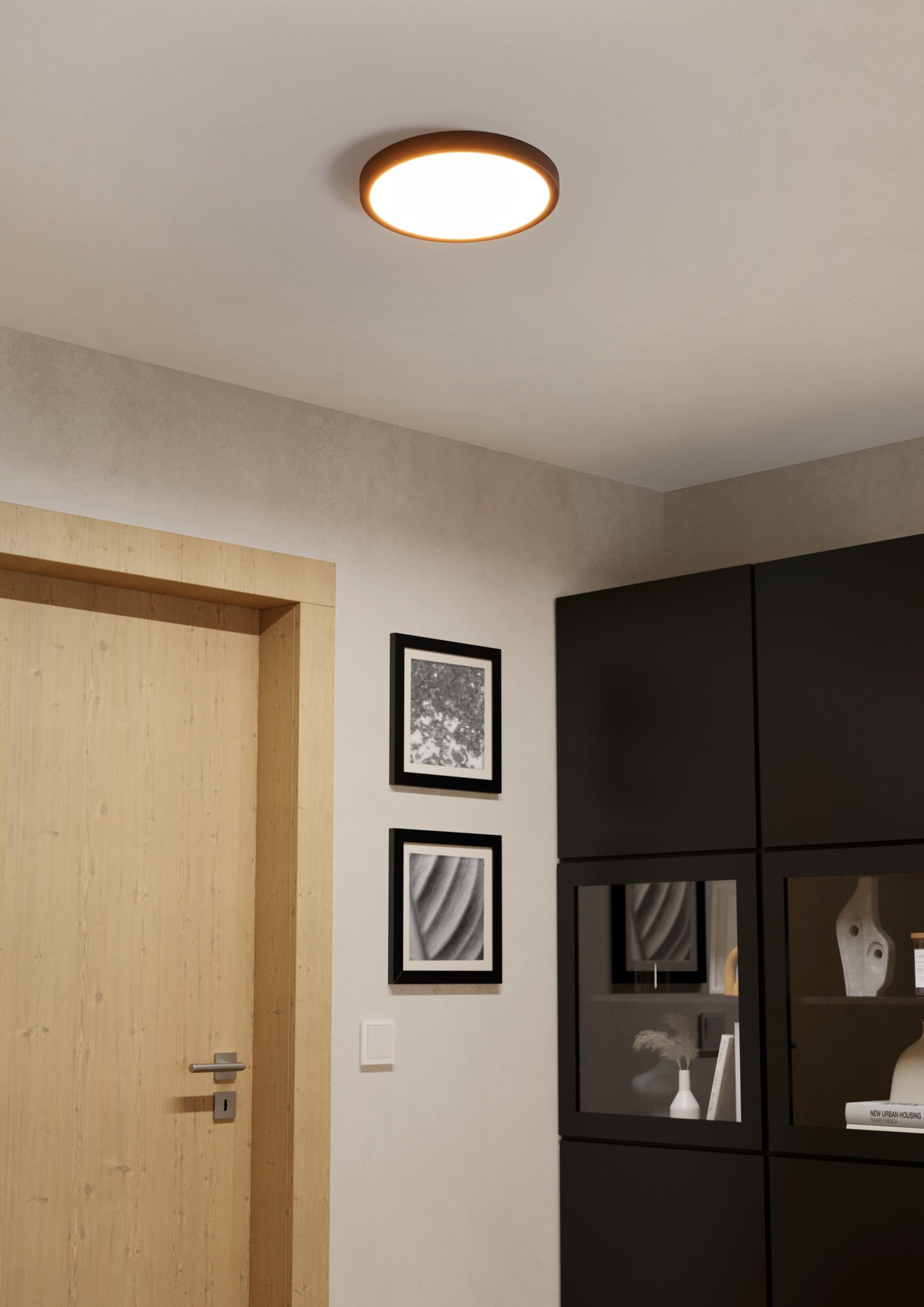 EGLO LED Deckenlampe Campaspero 2, extra-flache Deckenleuchte, runde Lampe Decke Badezimmer, Badlampe aus Kunststoff in Schwarz, neutralweiß, IP44, Ø 29,5 cm