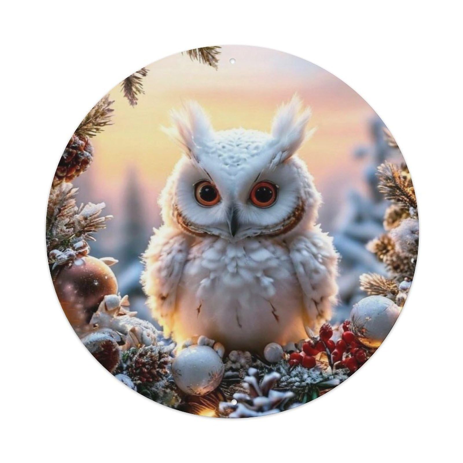 Animal Arctic Owl Christmas Berries Snowy Landscape Vintage Metal Tin Sign Plaque Wall Decor for Cafe, Club Bar, Office, Garden Metal Poster 8x8Inch