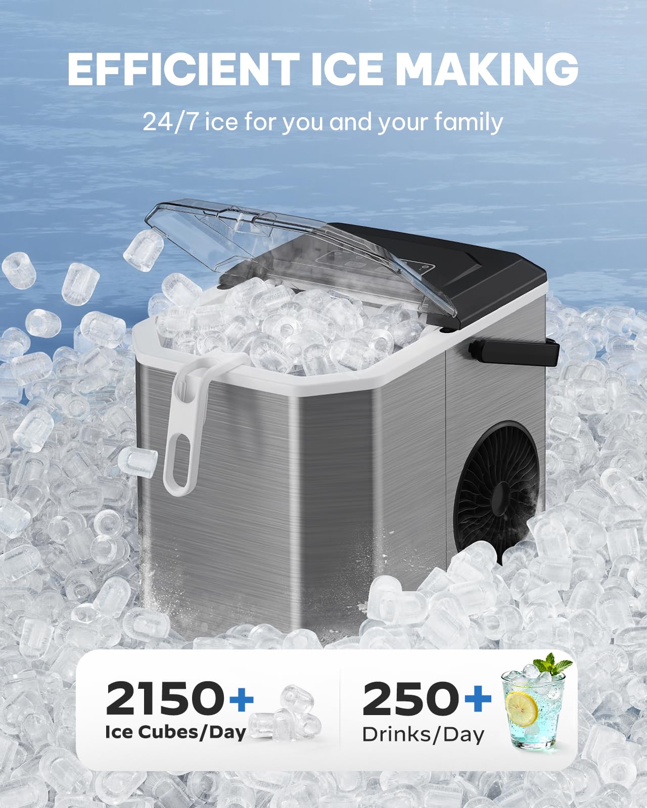 Silonn Máquina de hielo para encimera, máquina de hielo portátil con asa de transporte, máquina de cubitos de hielo autolimpiable con cesta y cuchara, 9 cubos en 6 minutos, 12 kg por día, ideal para