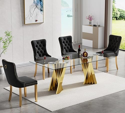 Miniatura 23 de SSLine Moderno juego de mesa de comedor de cristal de 7 piezas para 6 mesas de cocina y sillas de cristal dorado de lujo para 6 elegantes mesas de