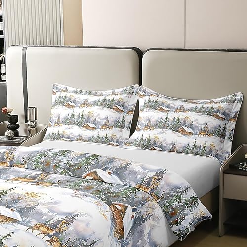 Miniatura 4 de jejeloiu Juego de ropa de cama con estampado de alce y animales salvajes, juego de funda de edredón de algodón, tamaño Queen para niños y adultos,