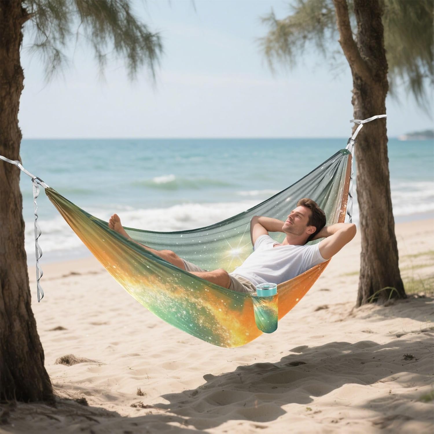 Orange Green Romantic Starry Sky Universe Hammocks for Camping with Tree Straps Hanging Hammock for Outside Beach Patio Garden