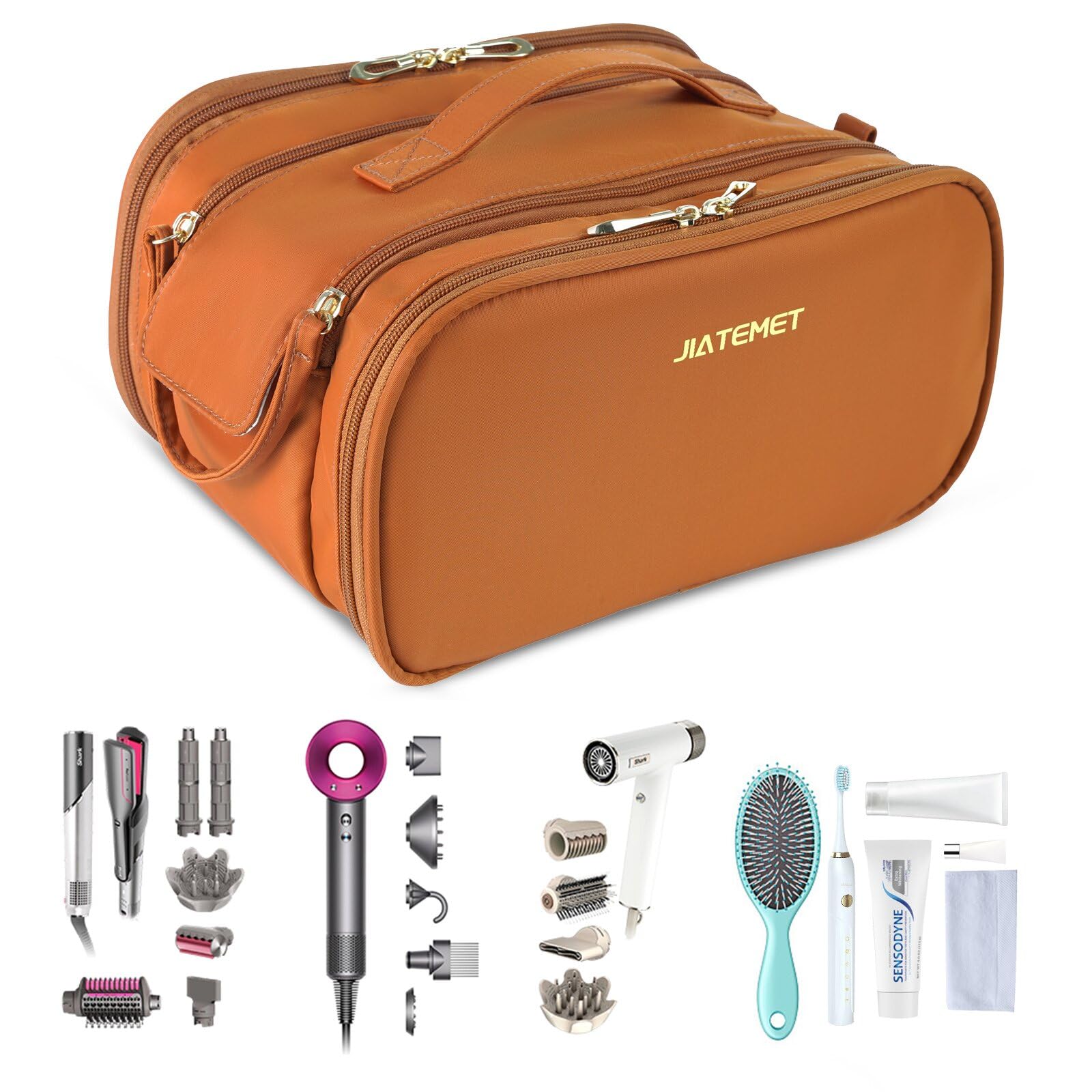 JIATEMET Tools Travel Bag for carrying hair dryer curling iron comb multi-layer hair accessories and tools with Dry Wet Depart Toiletries Travel