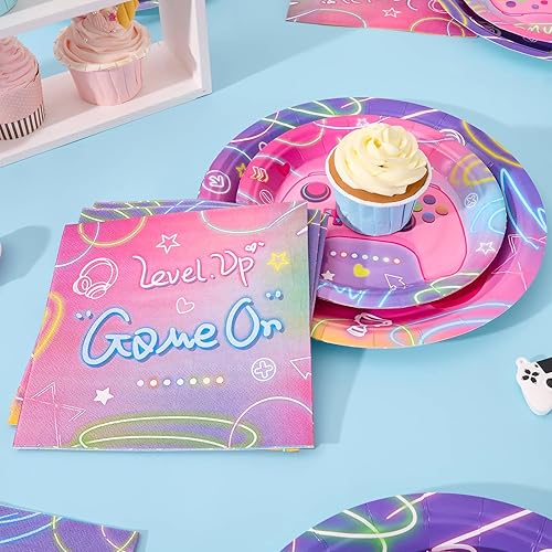 Miniatura 6 de Pink Video Game Party Plates and Napkins - 48 PCS Gamer Theme Party Supplies Girls Gaming Birthday Party Decorations Dinner Dessert Plates Paper
