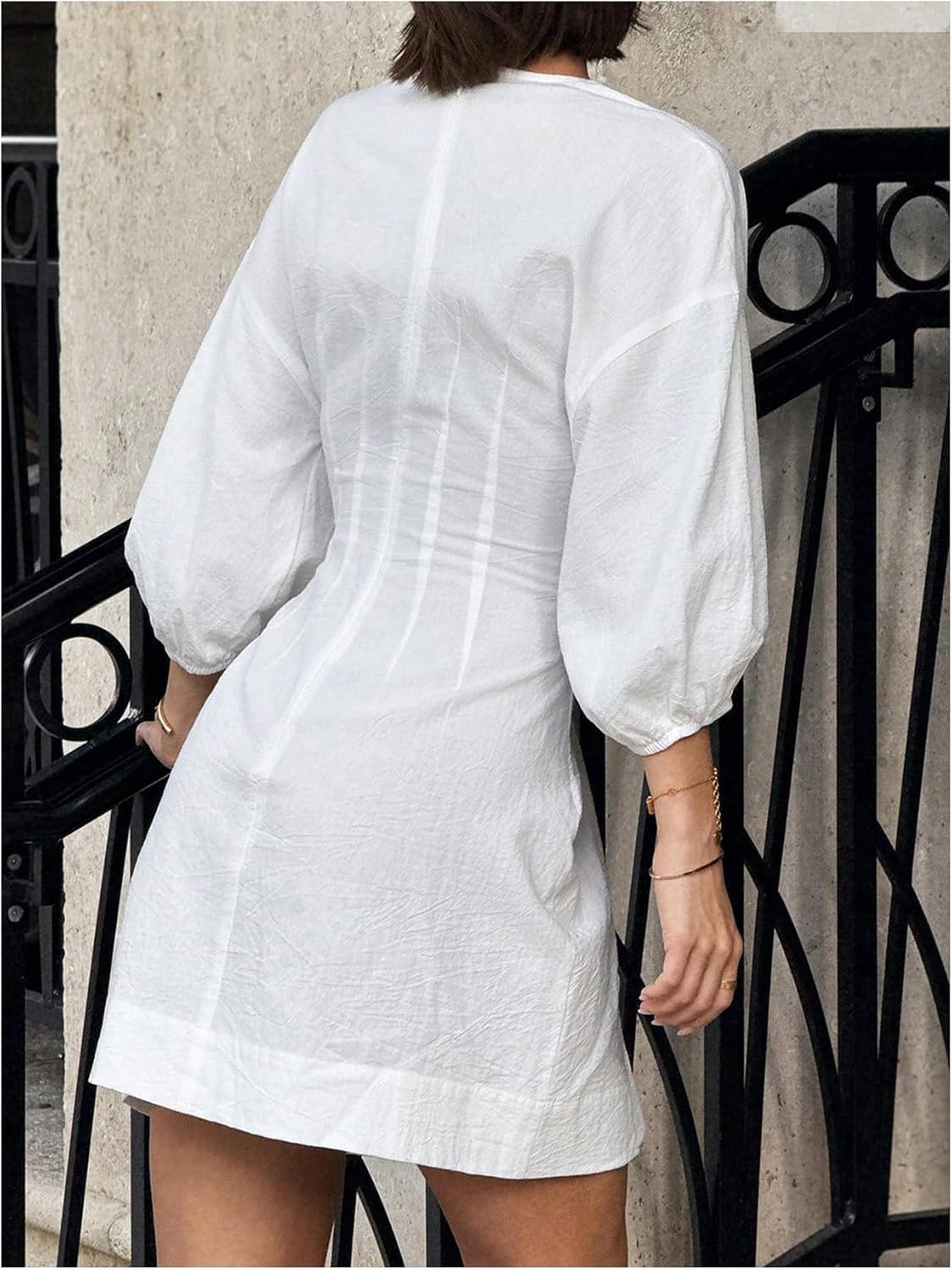 Milumia Women's Notch V Neck Bishop Sleeve Linen Shirt Dress Cinched Waist A-Line Short Dresses Old Money - Image 3