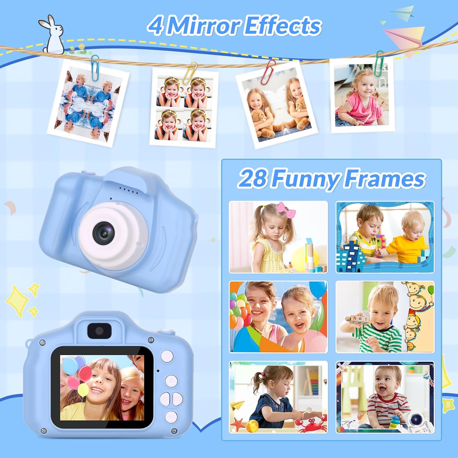 Examples of mirror effects and funny frames on Mafiti Kids Camera X2
