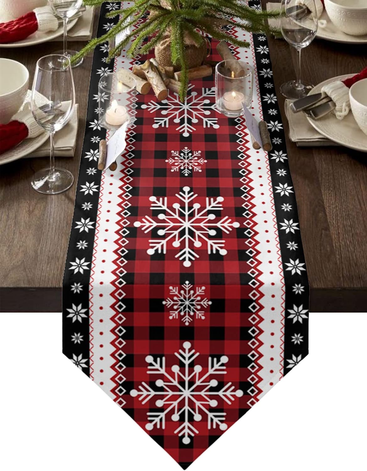 Christmas Table Runner 108 Inches Long Cotton Linen Tablerunner,Xmas Snowflake Red Buffalo Plaid Check Winter,Burlap Kitchen Dinner Table Runners Farmhouse Tabletop Dresser Scarves for Party