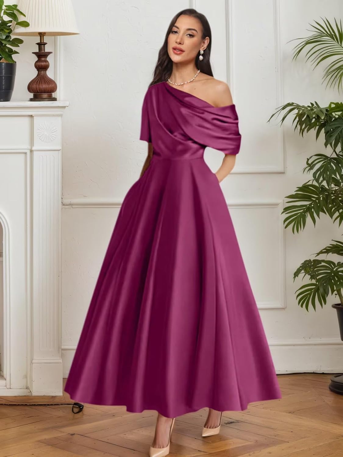 One Shoulder Satin A Line Mother of The Bride Dresses Tea Length Formal Evening Gown with Pockets for Wedding Guest