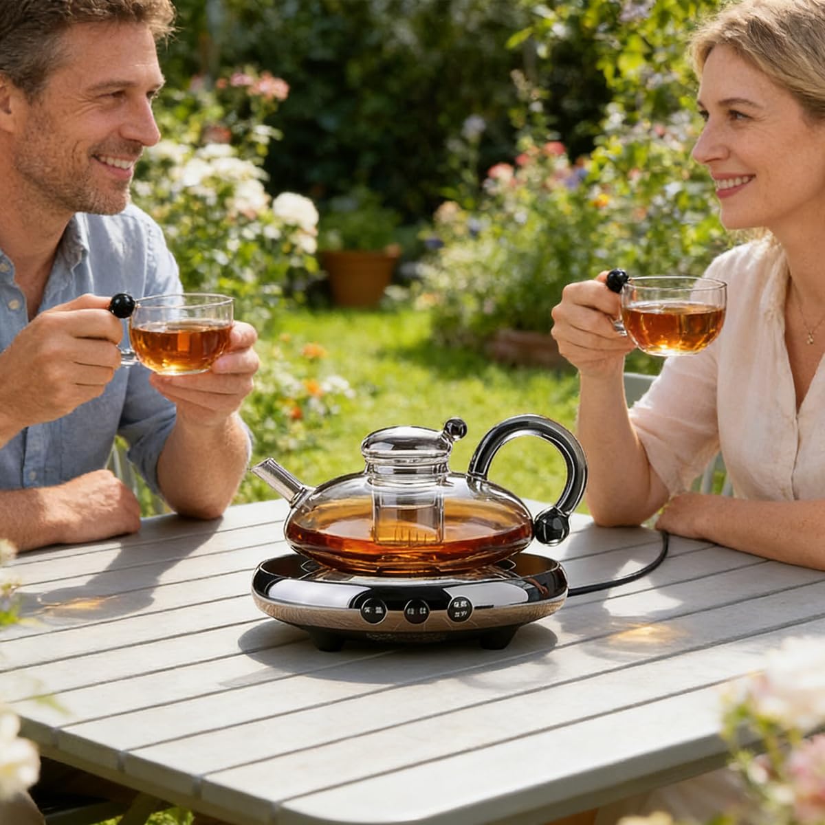 Glas-Teekannen-Set mit elektrischem Stövchen, 680 ml Glas-Teekanne und 2 Tassen, abnehmbares Teesieb, 1000 W Heizkeramikherd, für Loos-Tee- und Kaffee-Teekanne + 4 Tassen