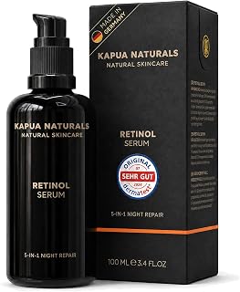 BIO Retinol Serum hochdosiert 100ml • Retinol 5-Fach-Komplex +Hyaluron +Vitamin C ✓ Vegan & BIO ✓ hochwirksam verkapseltes Retinol für strahlende & reine Haut ohne Pickel ✓ Anti Aging Made in Germany