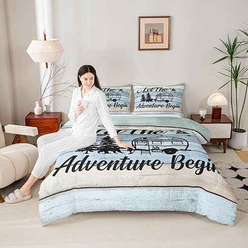 Miniatura 5 de Juego de ropa de cama de campista, juego de ropa de cama de campamento feliz, juego de ropa de cama individual, relleno de edredón de rayas