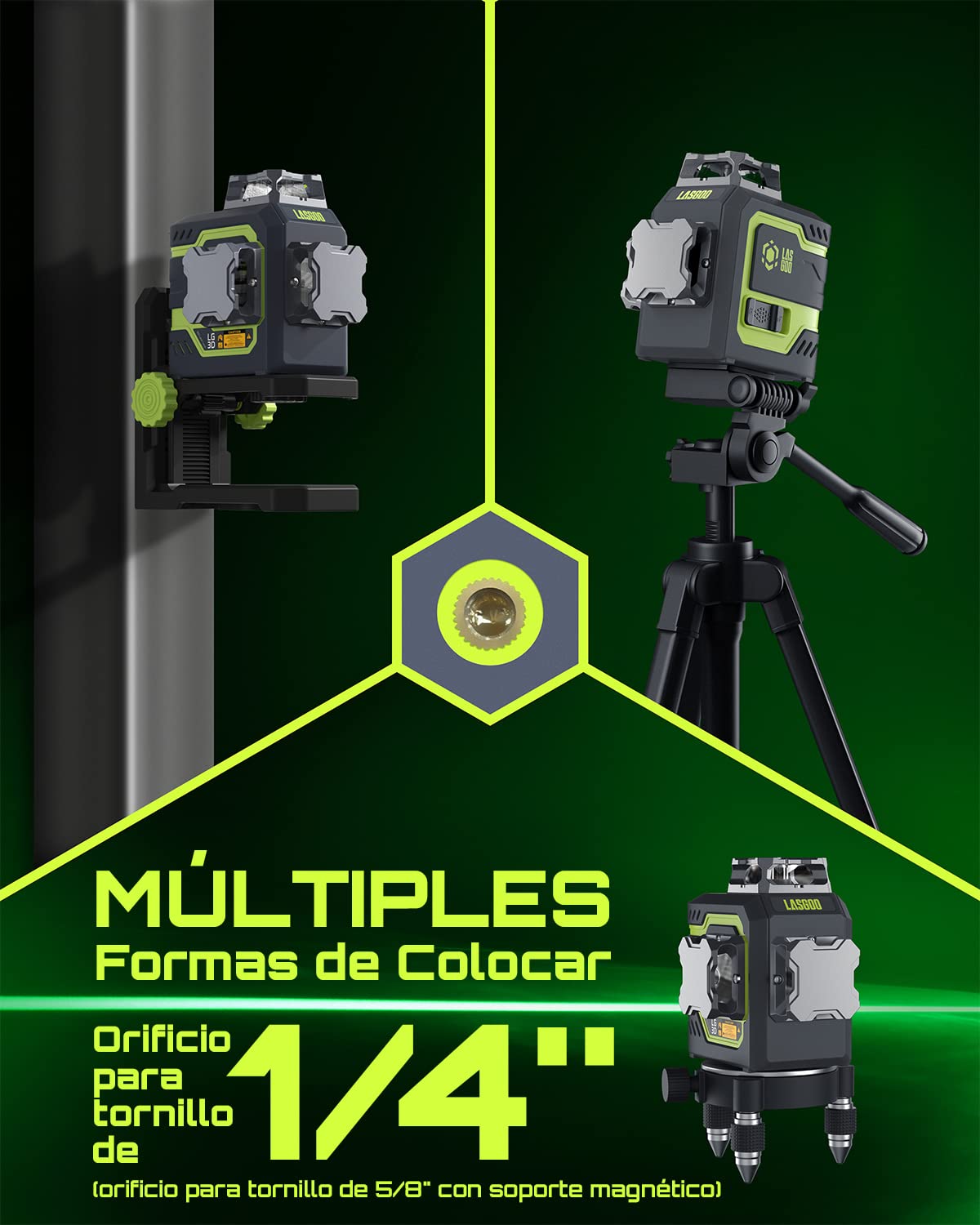 LasGoo Nivel Láser LG-3D Línea Autonivelante 3x360°, 3D con Rayos Verdes de Construcción y Alineación, 2 Baterías Recargables de Iones de Litio, Soporte Giratorio Elevable Magnético, Verde