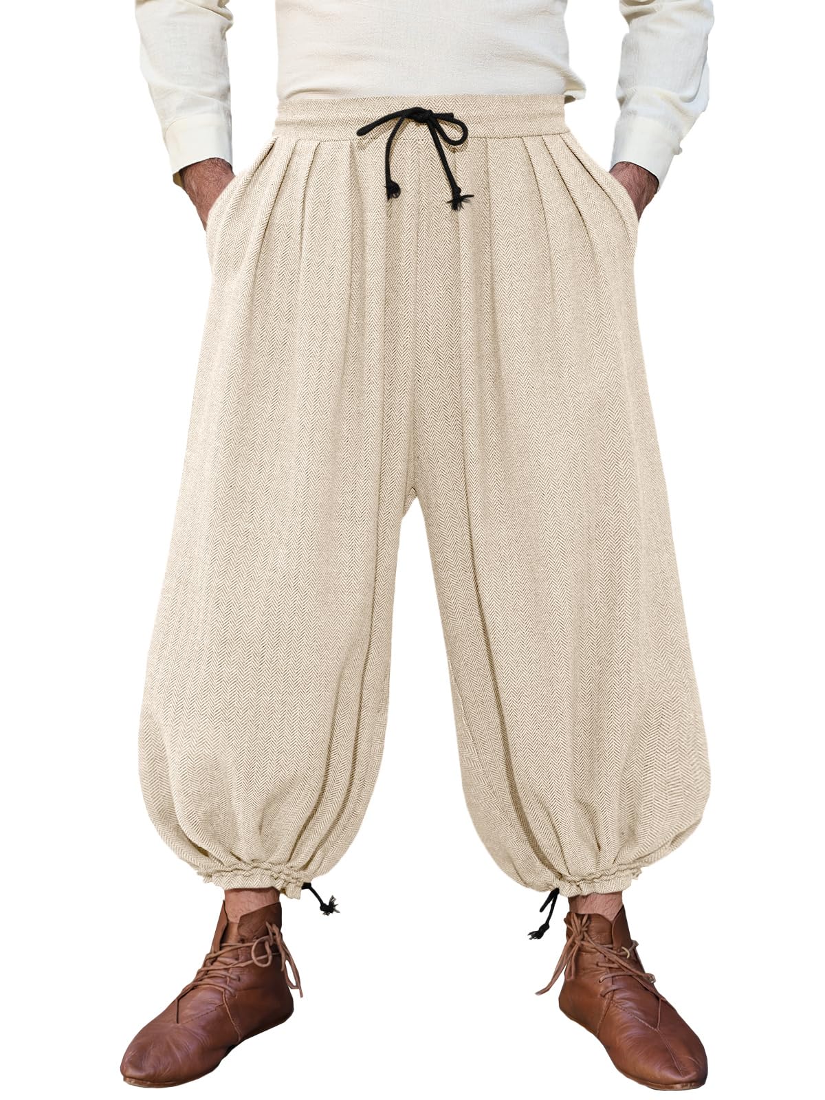 Runcati Mens Medieval Renaissance Baggy Harem Pants Pirate Costume Trousers, Apricot, Large