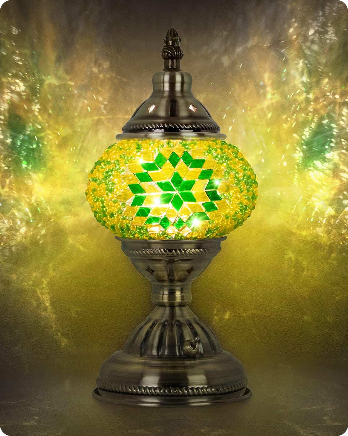 Yarra-Decor Turkish Moroccan Lamp with Bronze Base Handmade Tiffany Mosaic Glass Lamps Portable Bedside Lamps with Rechargeable Battery 2000mAh (LED Bulb Included)(6) Green2
