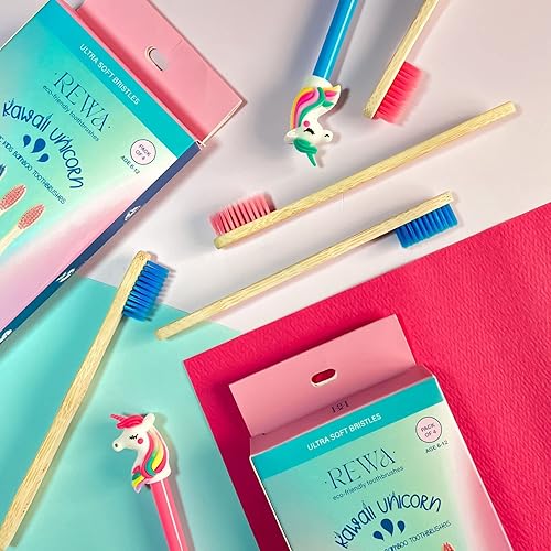 Miniatura 4 de Rewa Kids Kawaii Unicorn L Cepillos de dientes de bambú para niños l Orgánico compostable Natural Ayurvédico l Pack - 4 l Cerdas suaves sin BPA Rosa